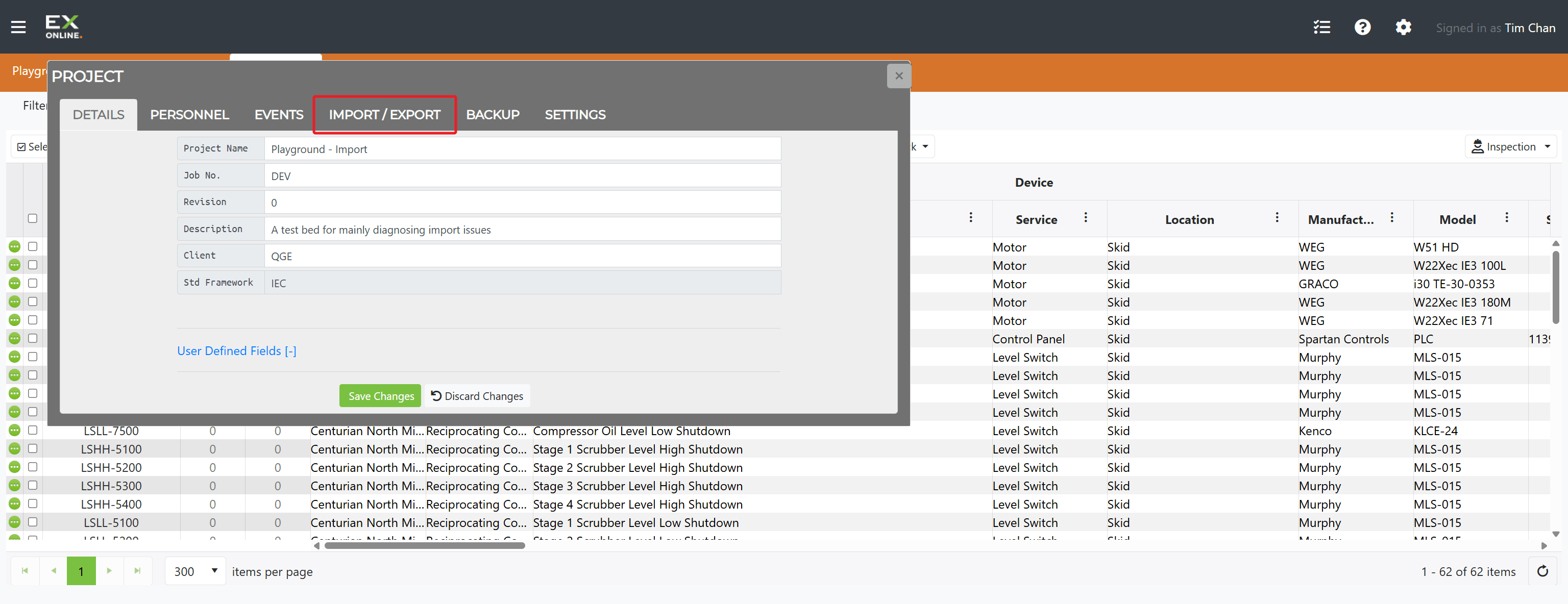 IMPORT / EXPORT tab in the Project Window