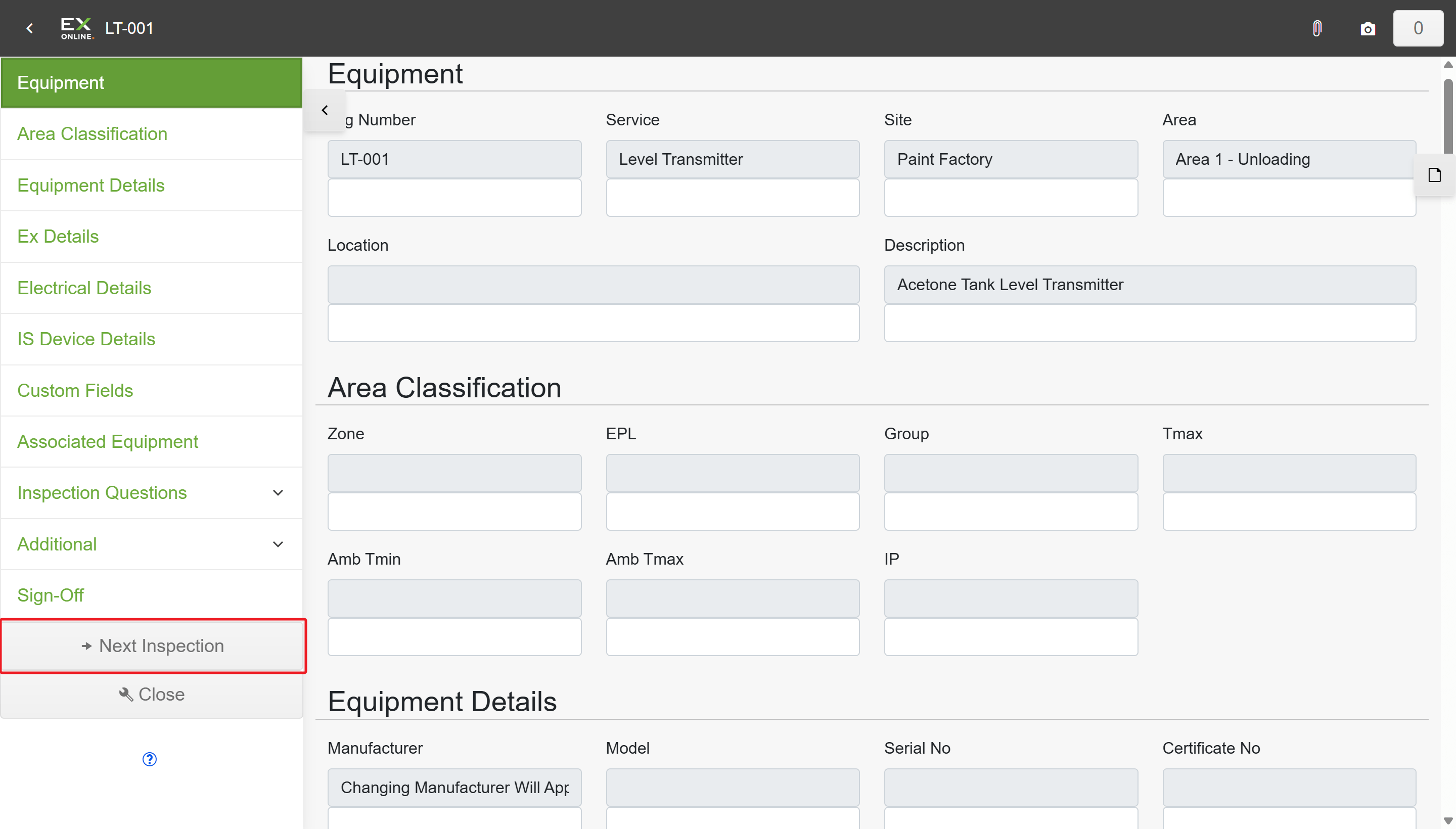Check sheet — sidebar and Next Inspection