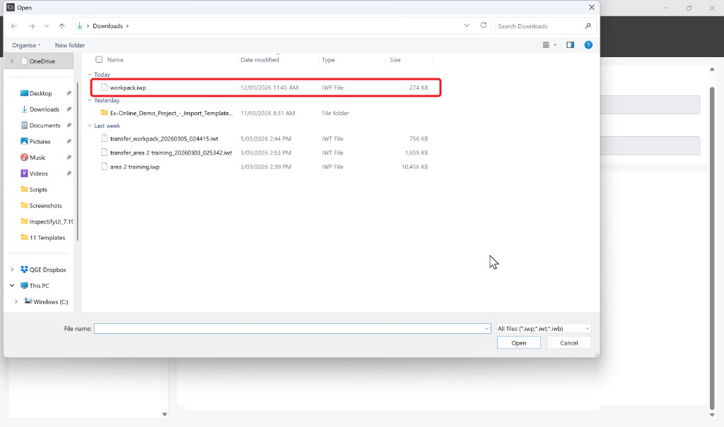 File dialog — select the downloaded .iwp file and click Open