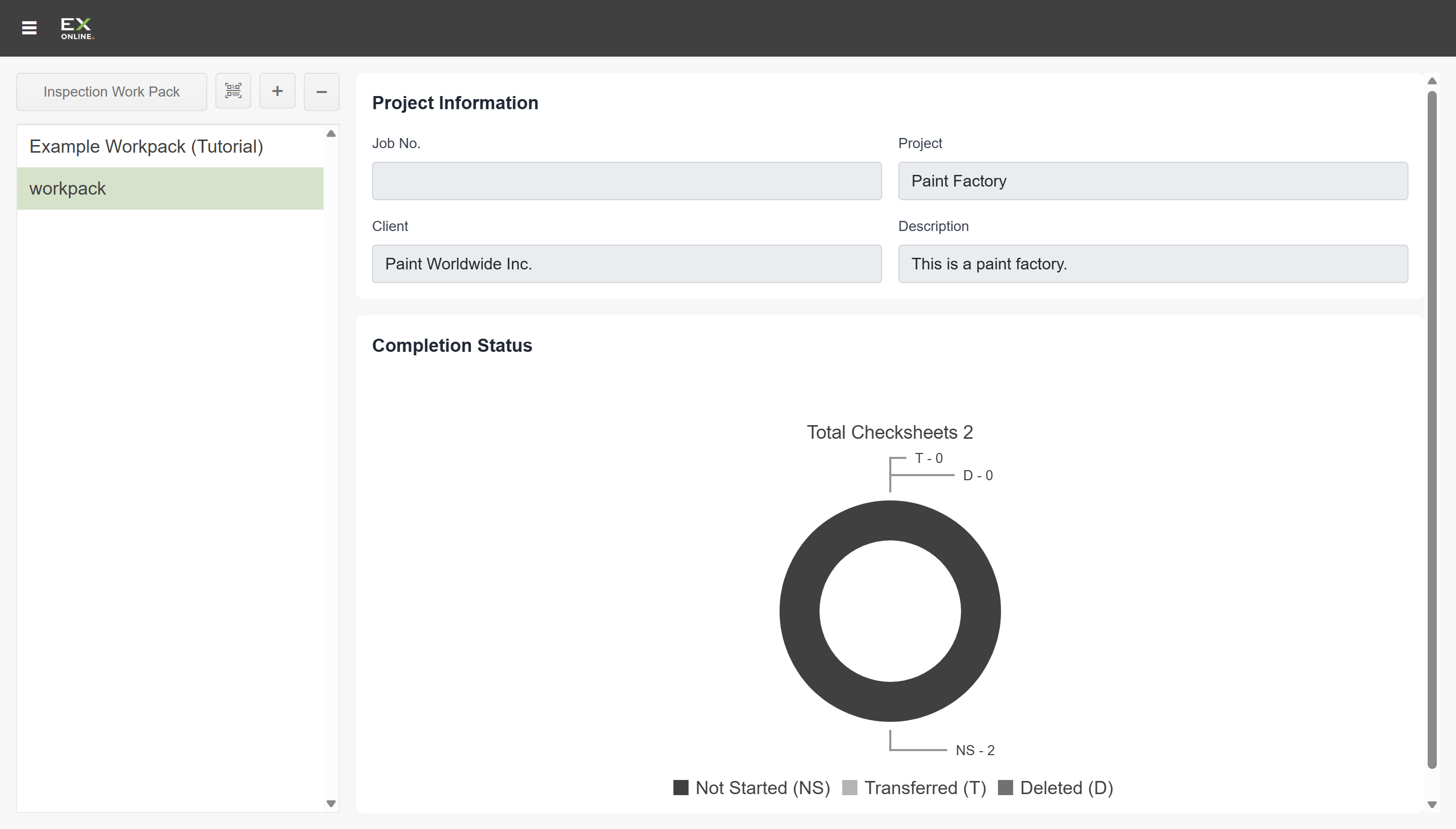 Work pack loaded — project information and completion status