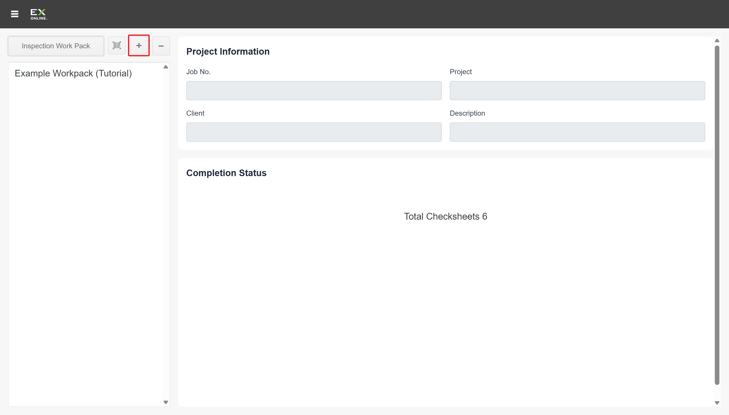 Inspection App — click the + button to open an IWP file