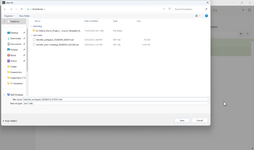 Save As dialog for the .iwt transfer file