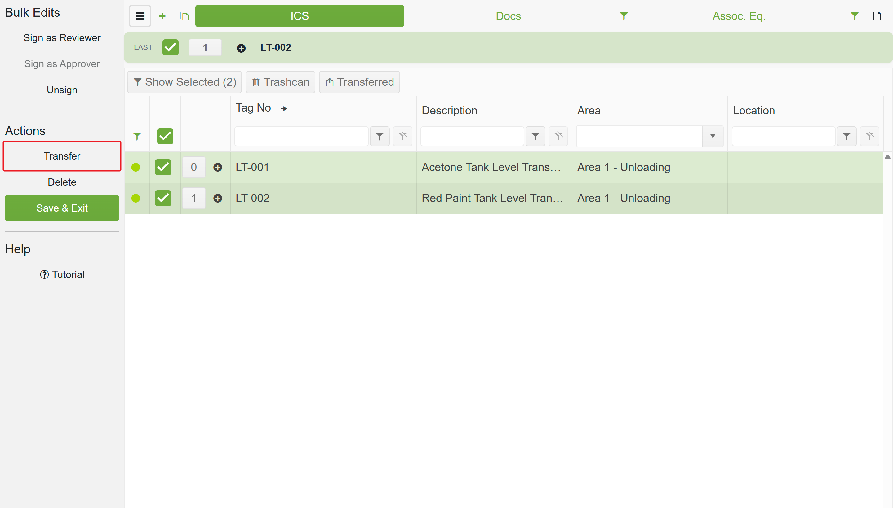 Sidebar — Transfer with rows selected