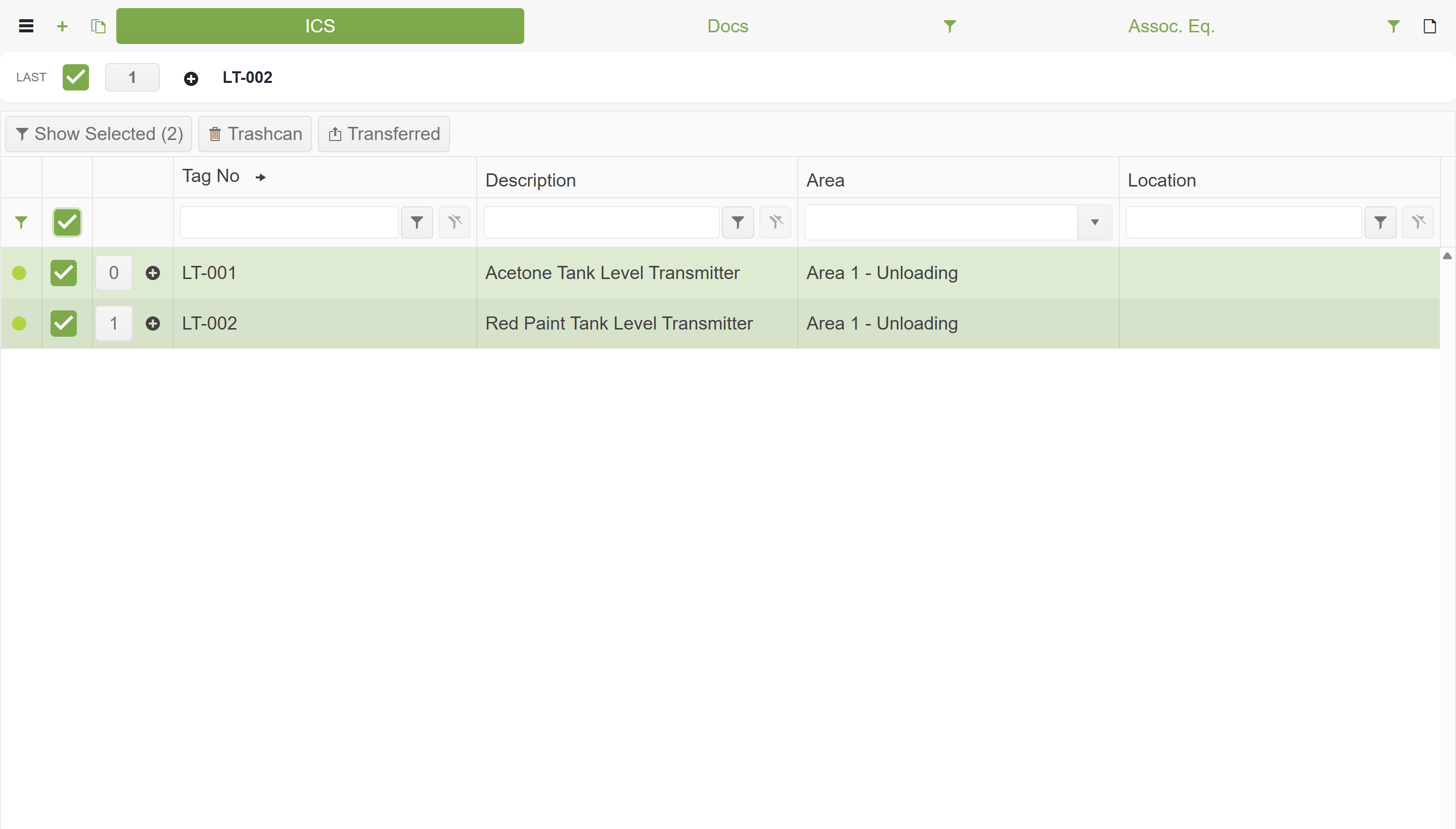 Equipment Browser — tick rows to include in the transfer