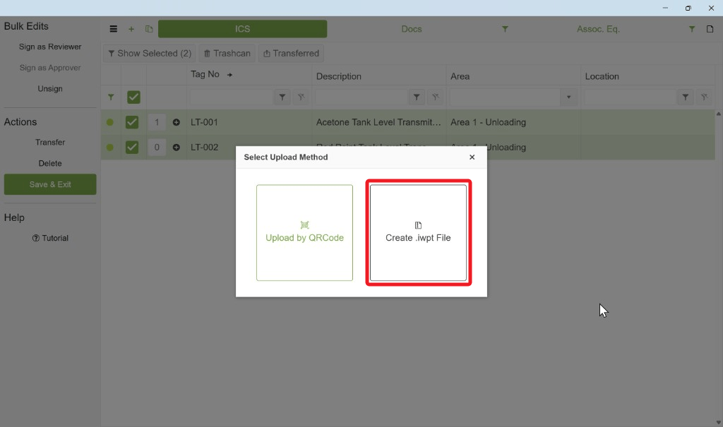 Select Upload Method — Create .iwt File