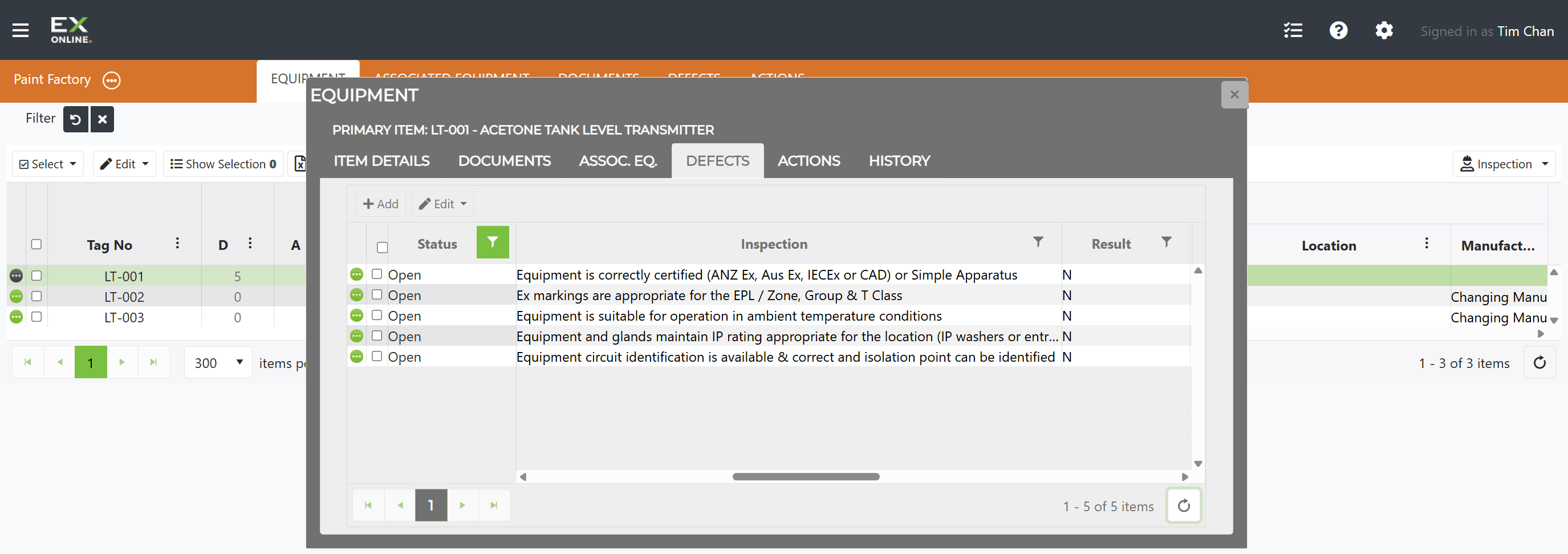 Equipment Window — DEFECTS tab showing 5 open defects for LT-001
