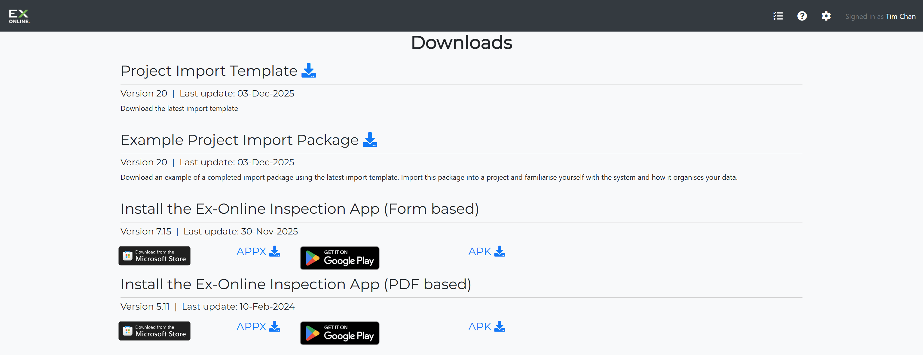 Downloads page showing import template and example package