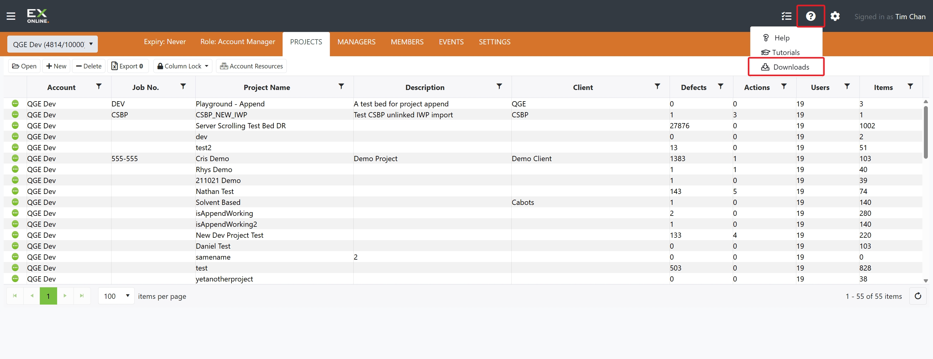 Help menu showing Downloads option