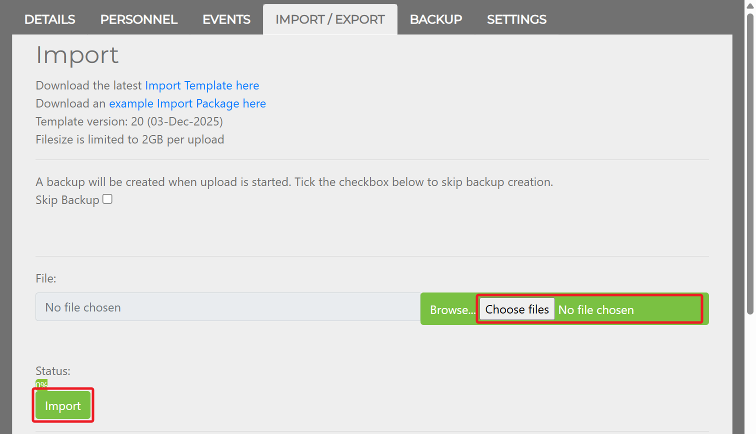 Import Template link on the IMPORT/EXPORT tab