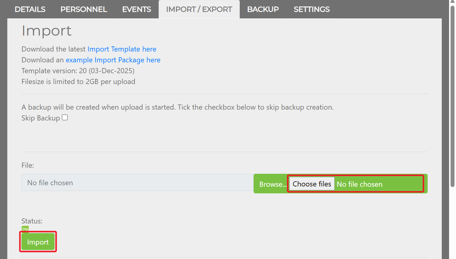 Import section showing Choose Files and Import button