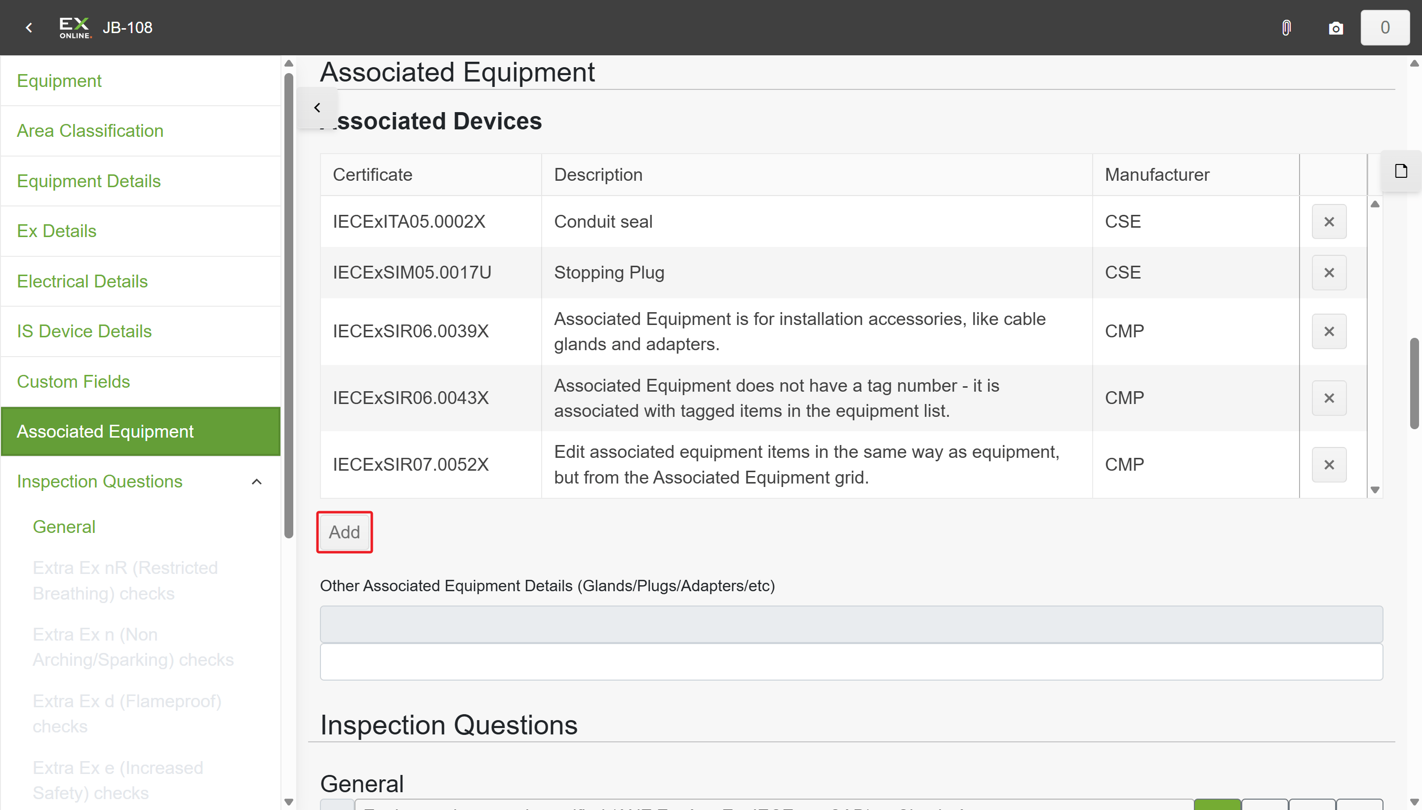 Associated Equipment section in the check sheet showing linked devices and Add button