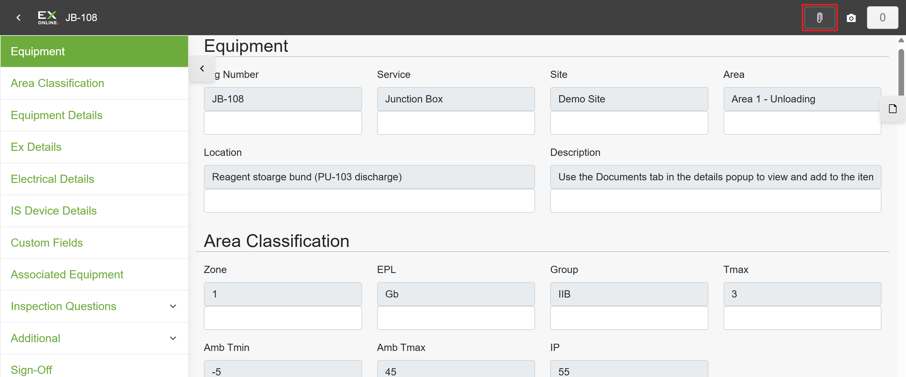 Check sheet toolbar with the paperclip icon highlighted for attaching documents