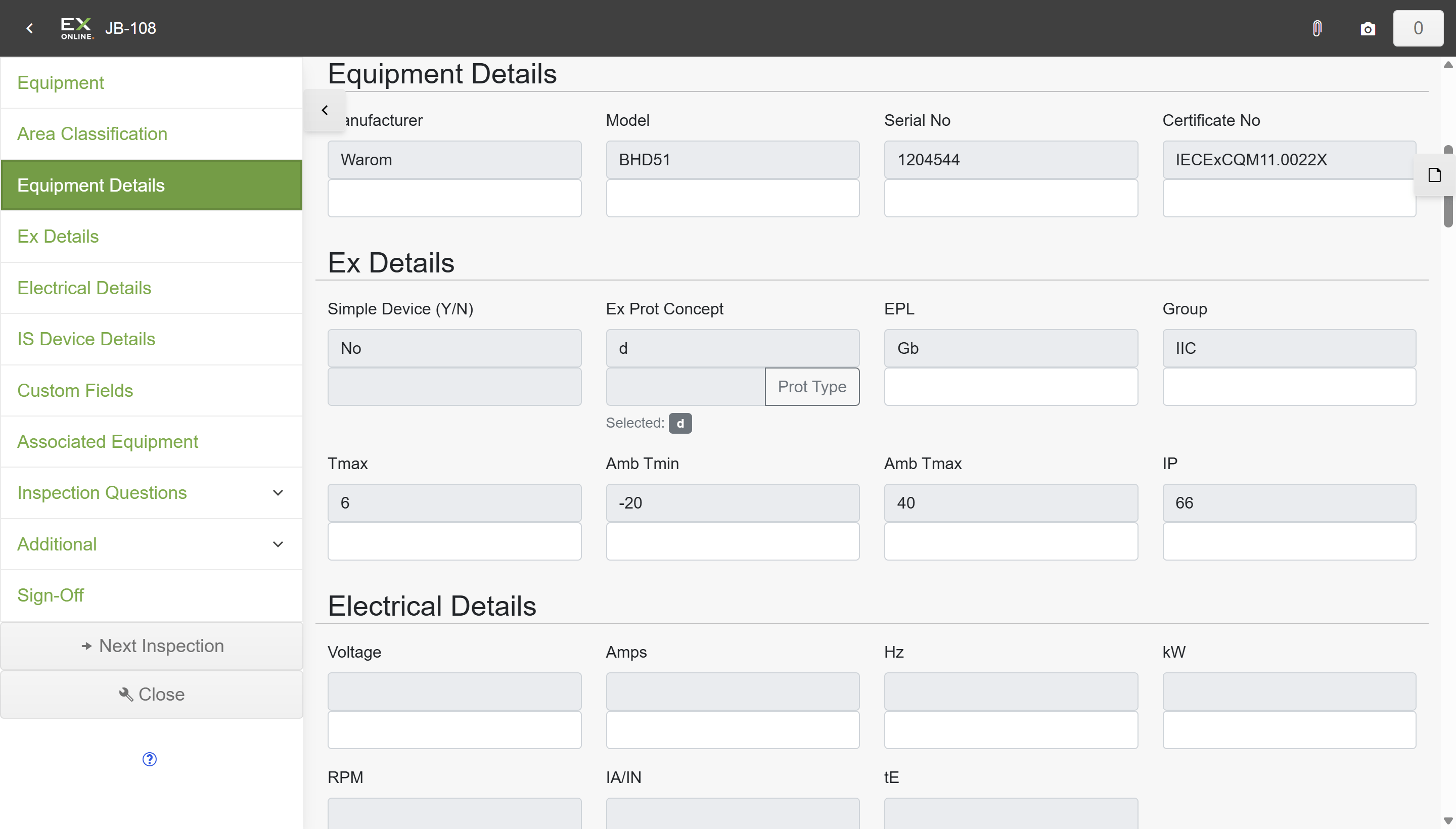 Equipment Details section showing read-only values (Manufacturer: Warom, Model: BHD51) with empty white fields below for entering updates