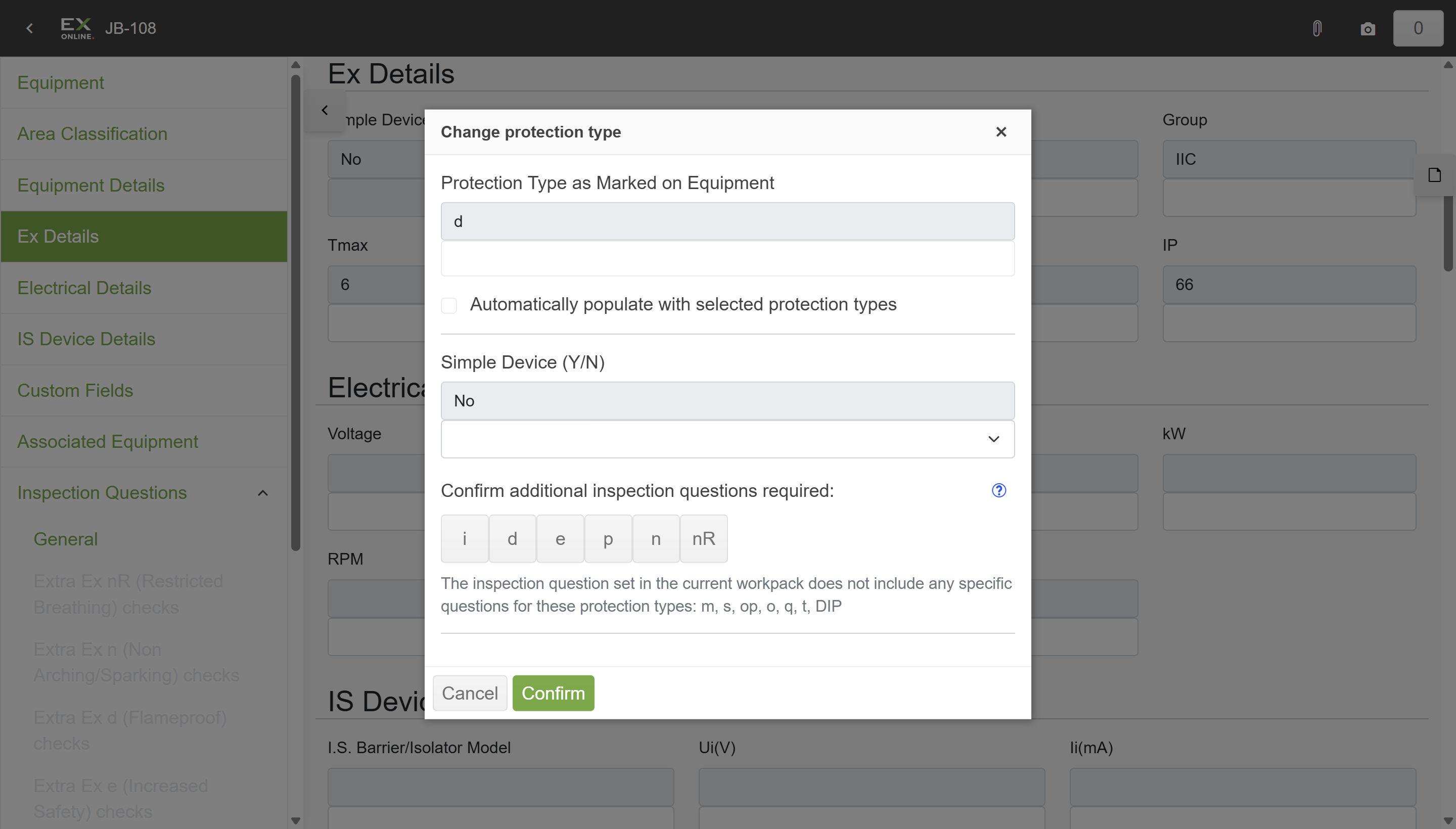 Change protection type dialog showing protection type buttons and options