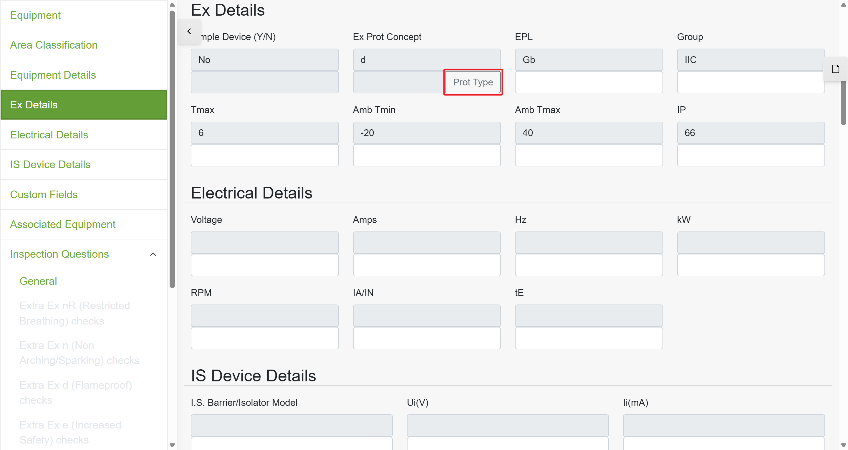 Ex Details section with the Prot Type button visible