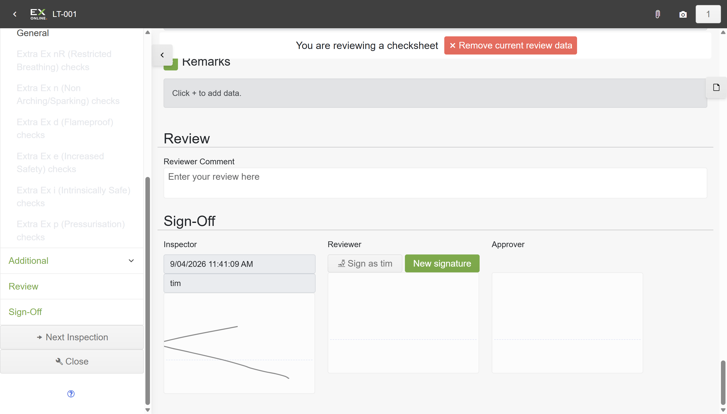 Check sheet in review mode — orange bar, Reviewer Comment field, and Sign-Off