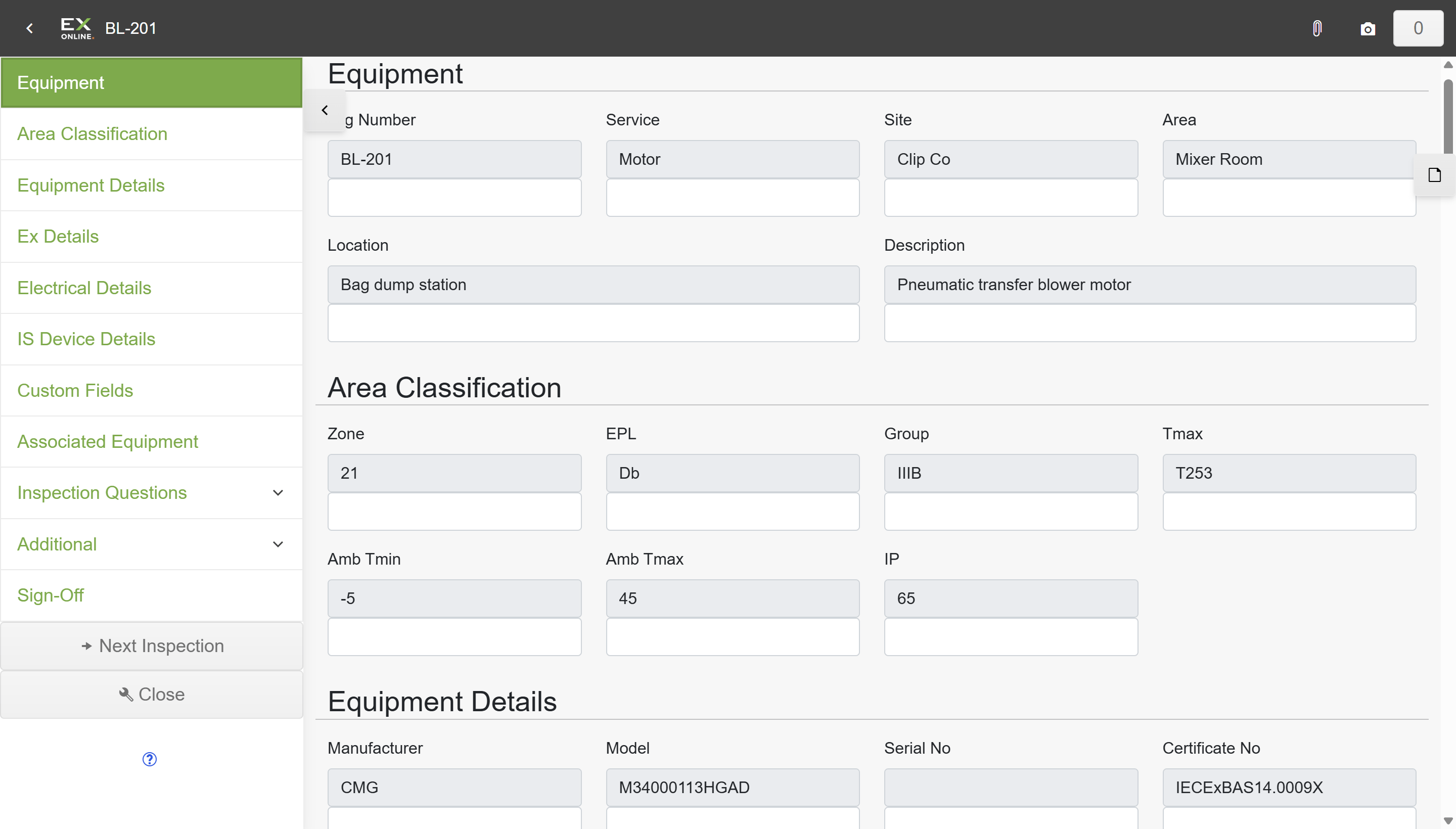 Inspection Check Sheet with the navigation sidebar on the left and equipment data on the right