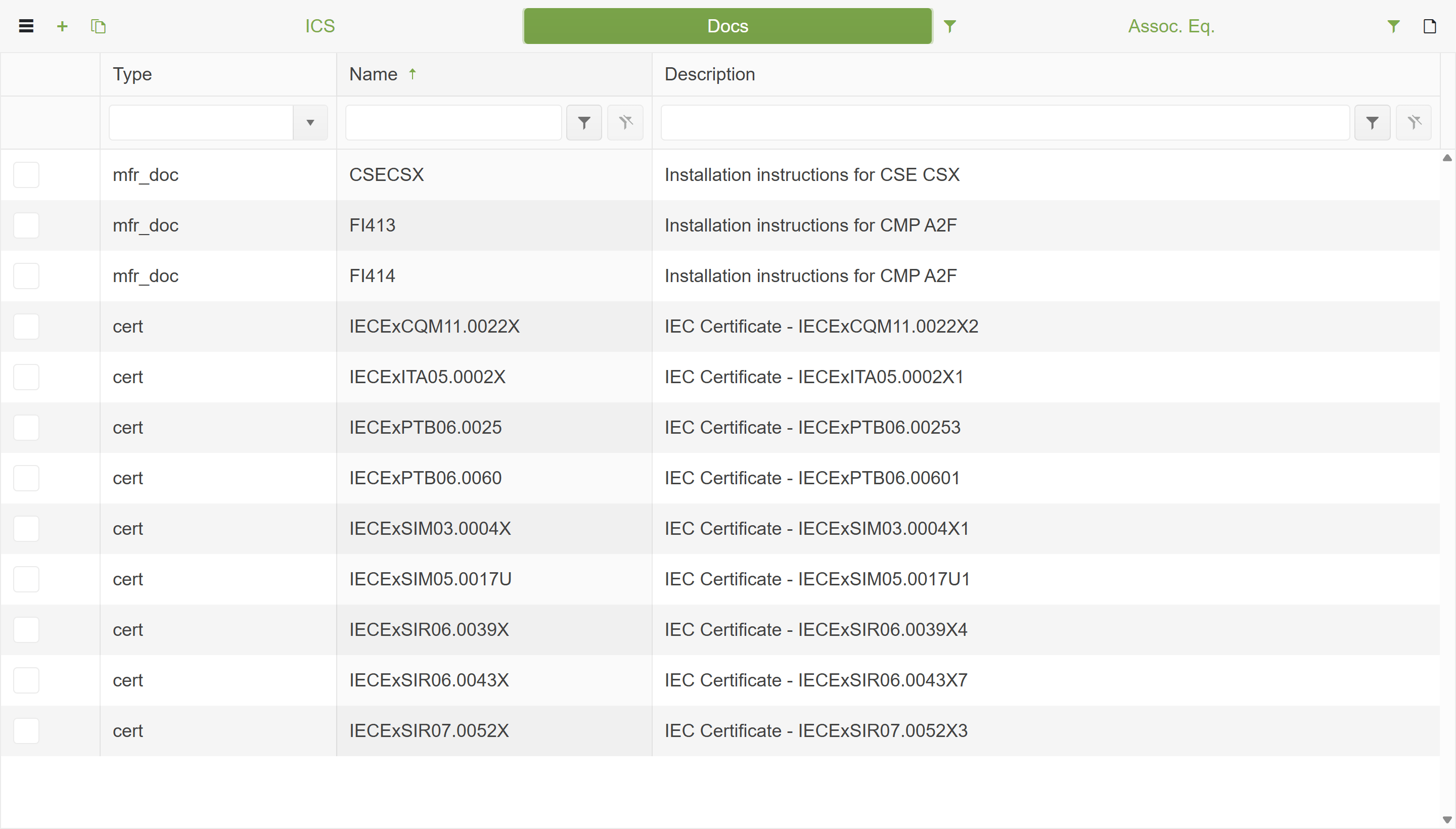 Document grid showing Type, Name, and Description columns with certificate and manufacturer document rows