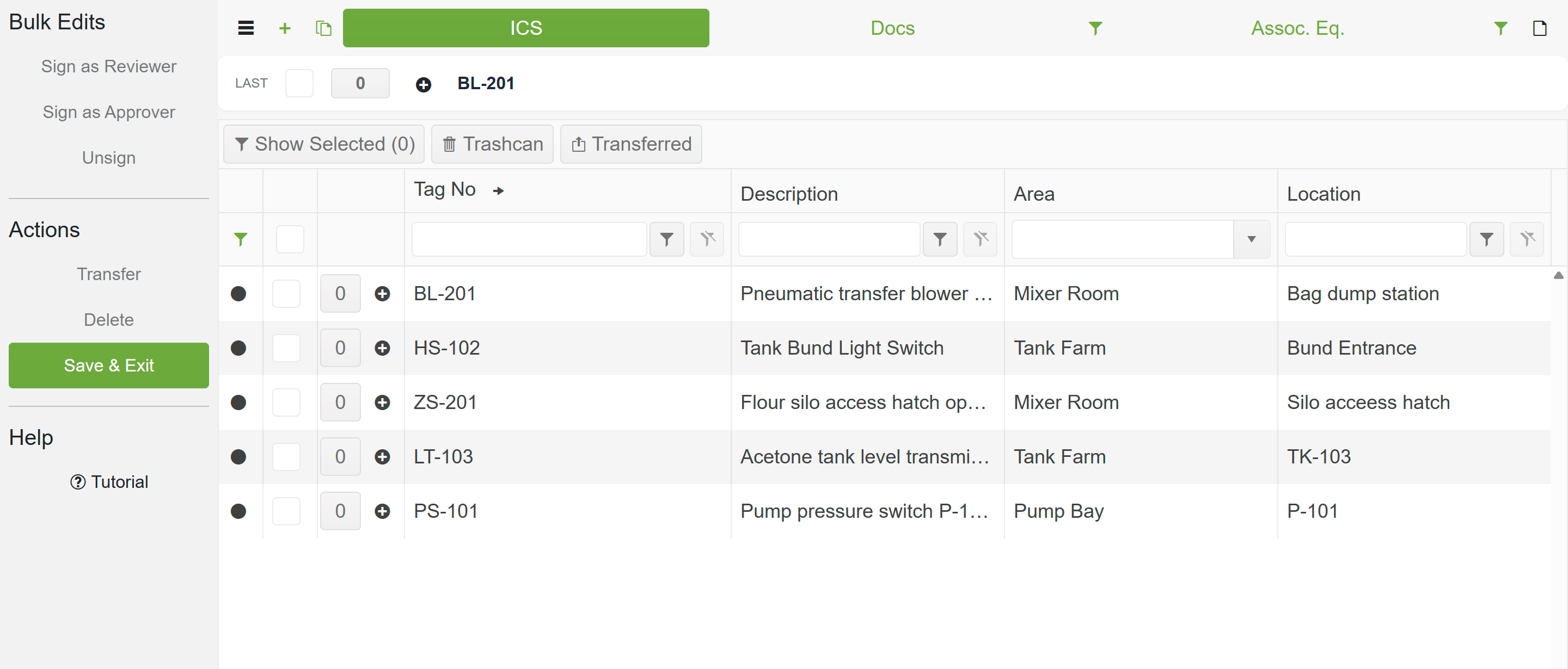 Equipment Browser with the sidebar open, showing Bulk Edits, Actions, and Help sections