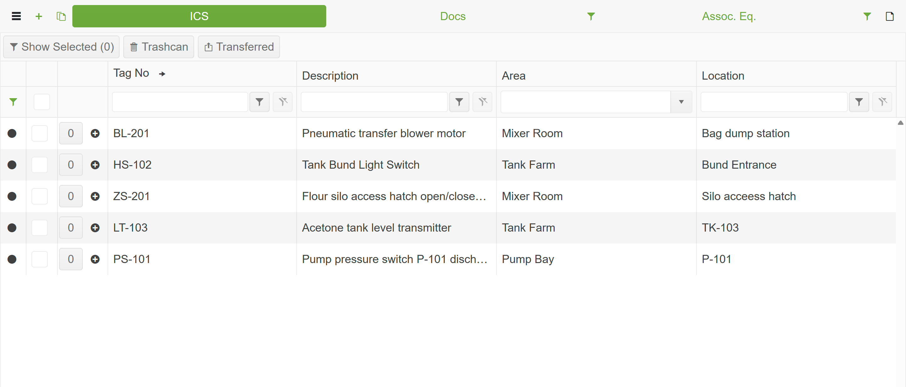 Equipment Browser showing the toolbar, view tabs, filter bar, and equipment grid
