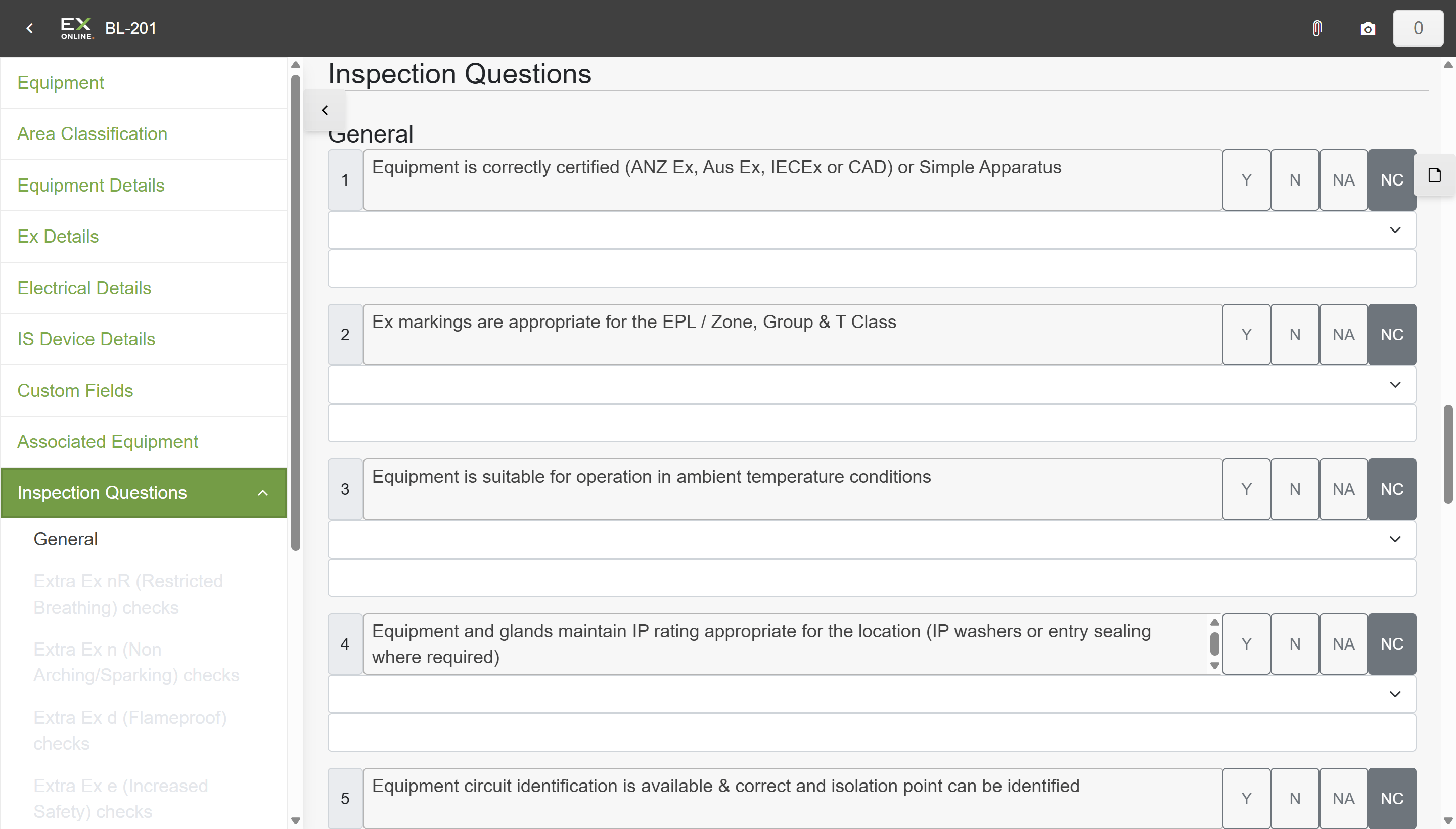 Inspection Questions — numbered checks with Y/N/NA/NC buttons and non-conformity dropdowns
