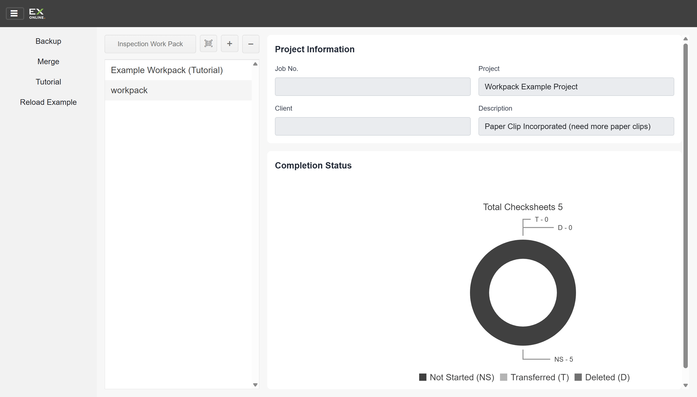 Main screen with sidebar open, showing Backup, Merge, Tutorial, and Reload Example options