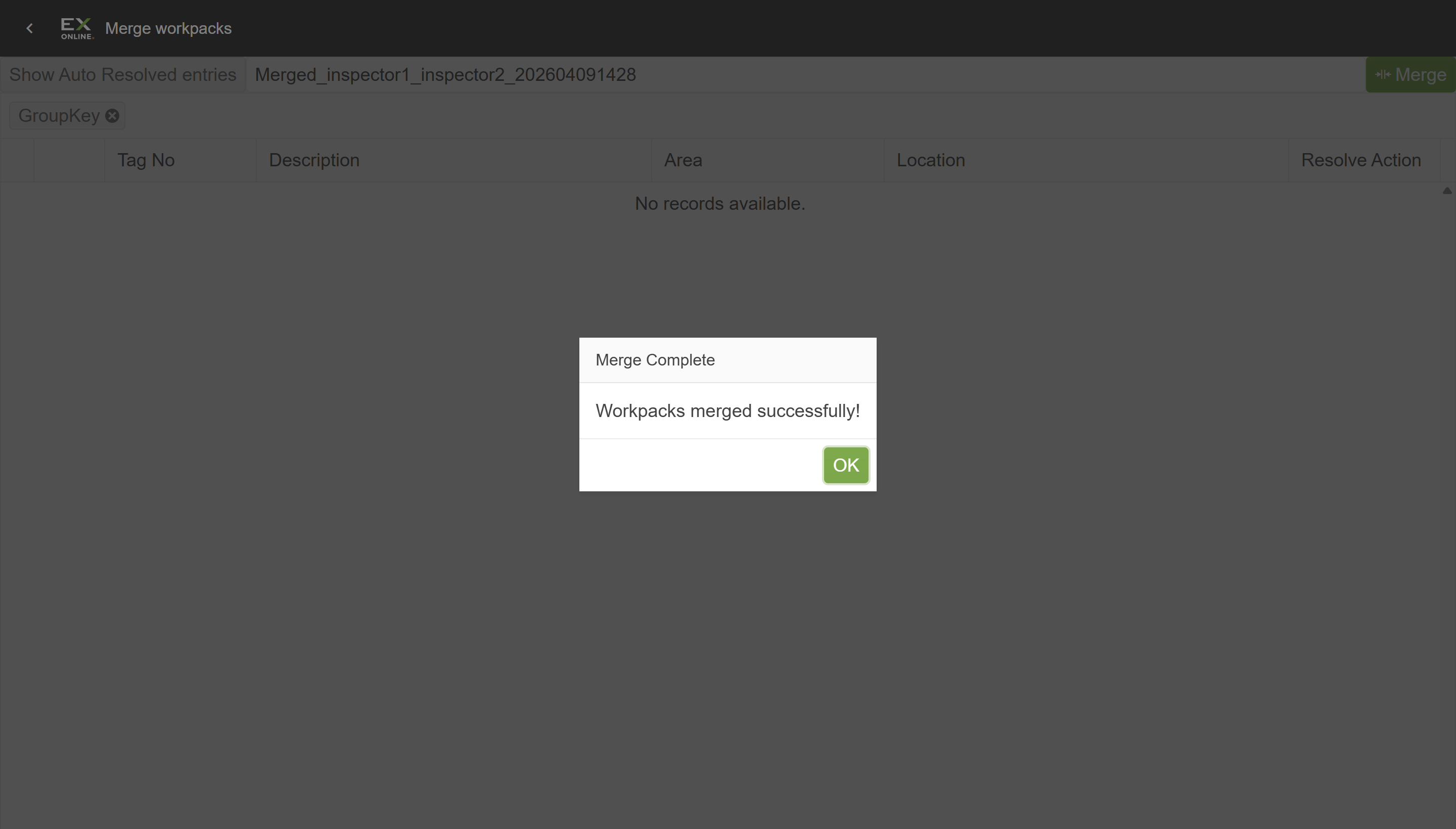 Merge Complete confirmation dialog