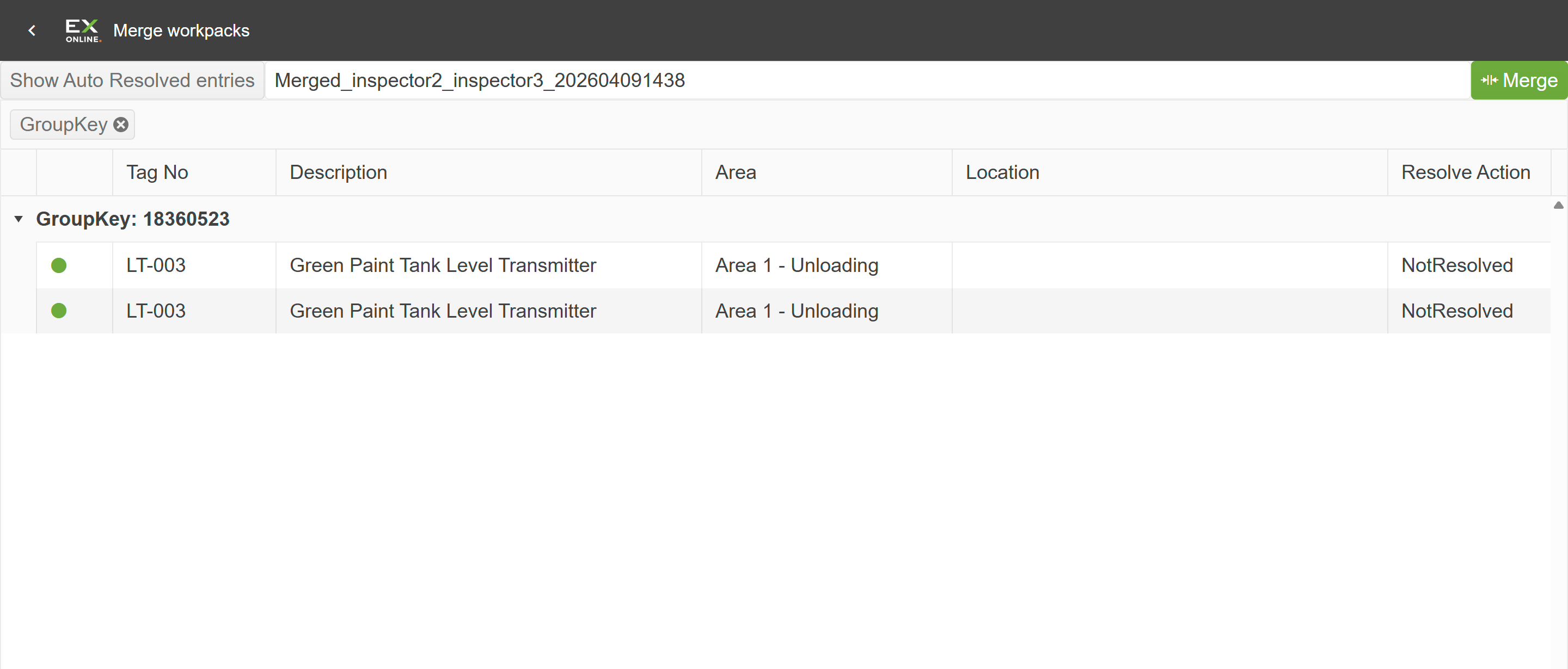Merge conflicts grid showing two conflicting entries for LT-003 with NotResolved status