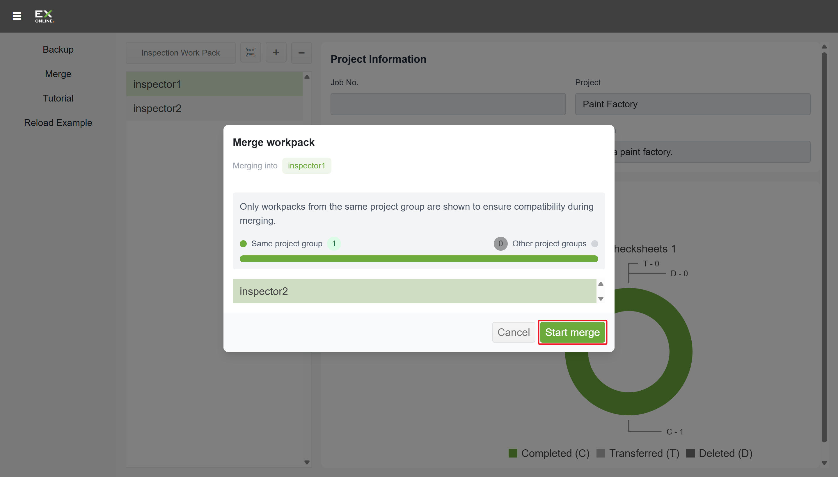 Merge workpack dialog showing inspector2 available for merging into inspector1