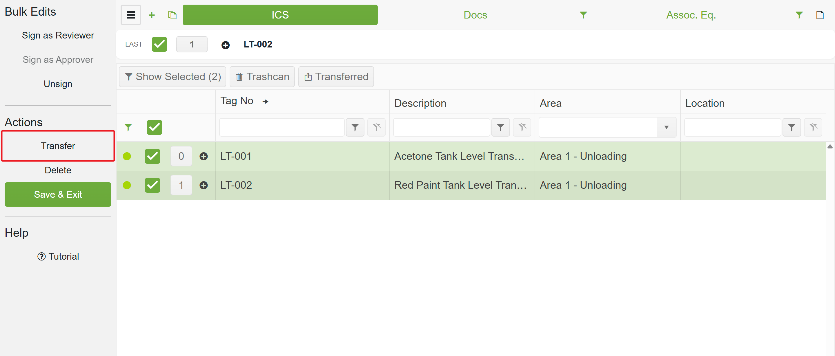 Sidebar menu open with Transfer button under Actions