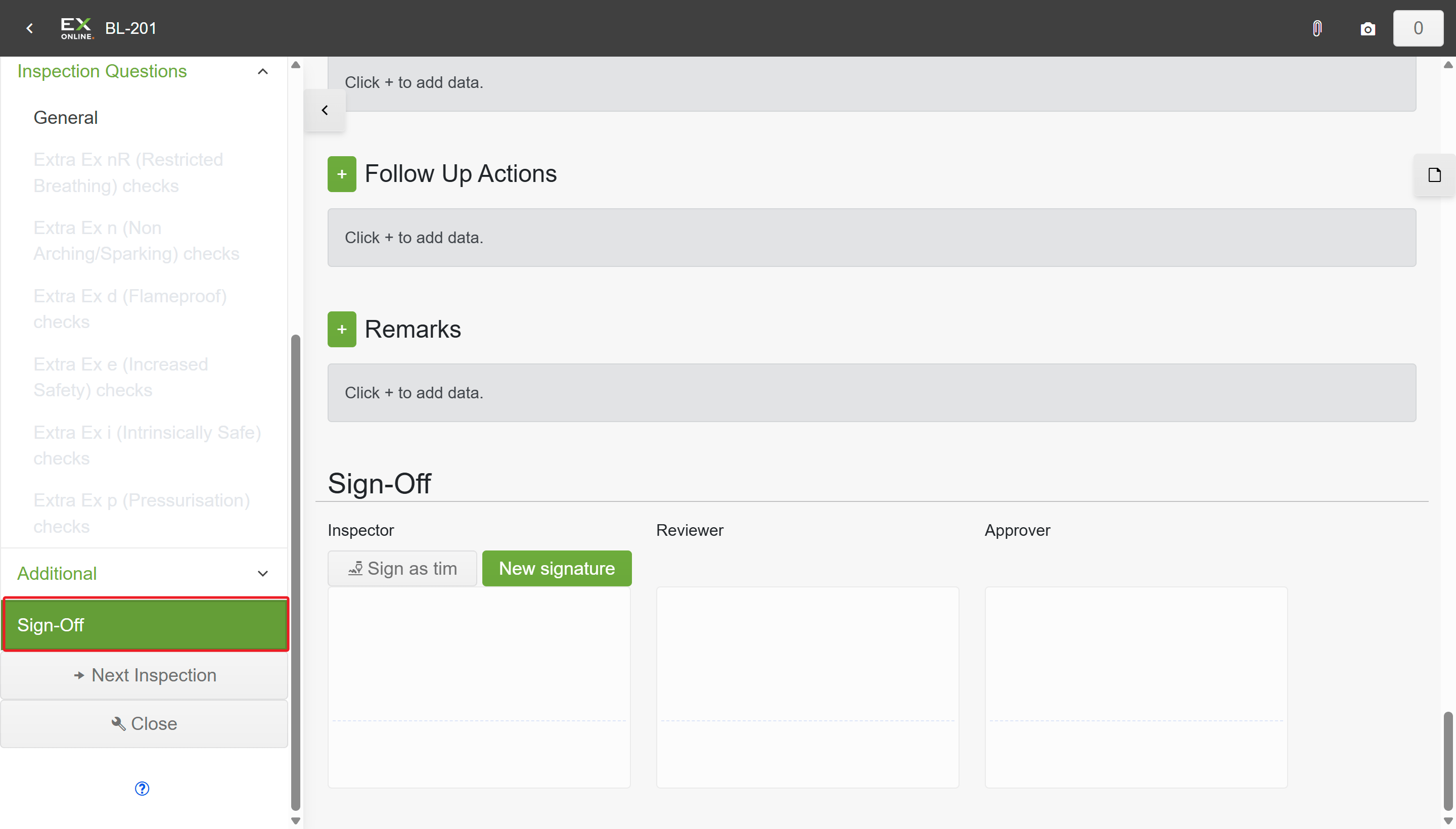 Check sheet sidebar with Sign-Off selected