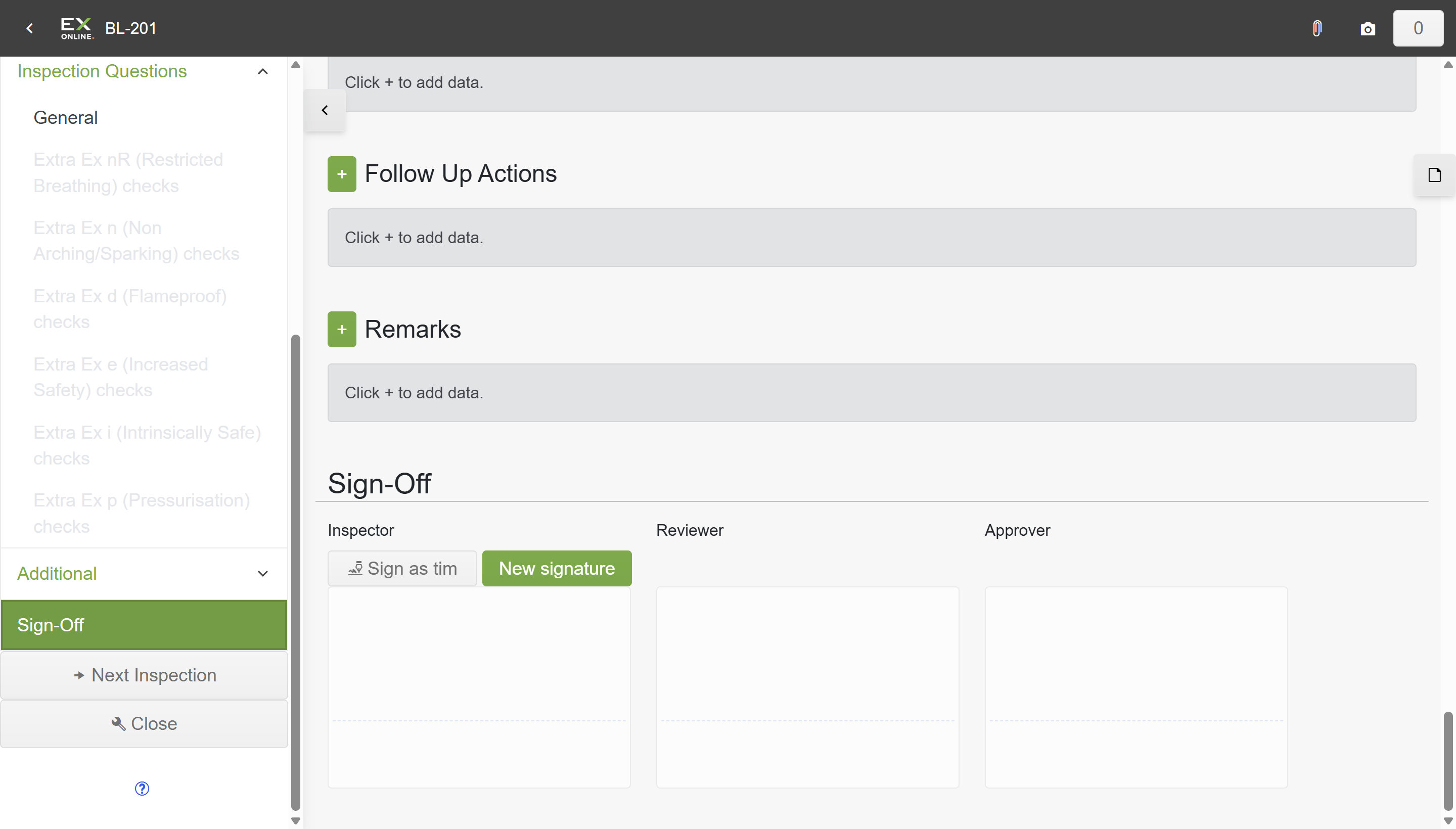 Sign-Off section with Inspector, Reviewer, and Approver columns