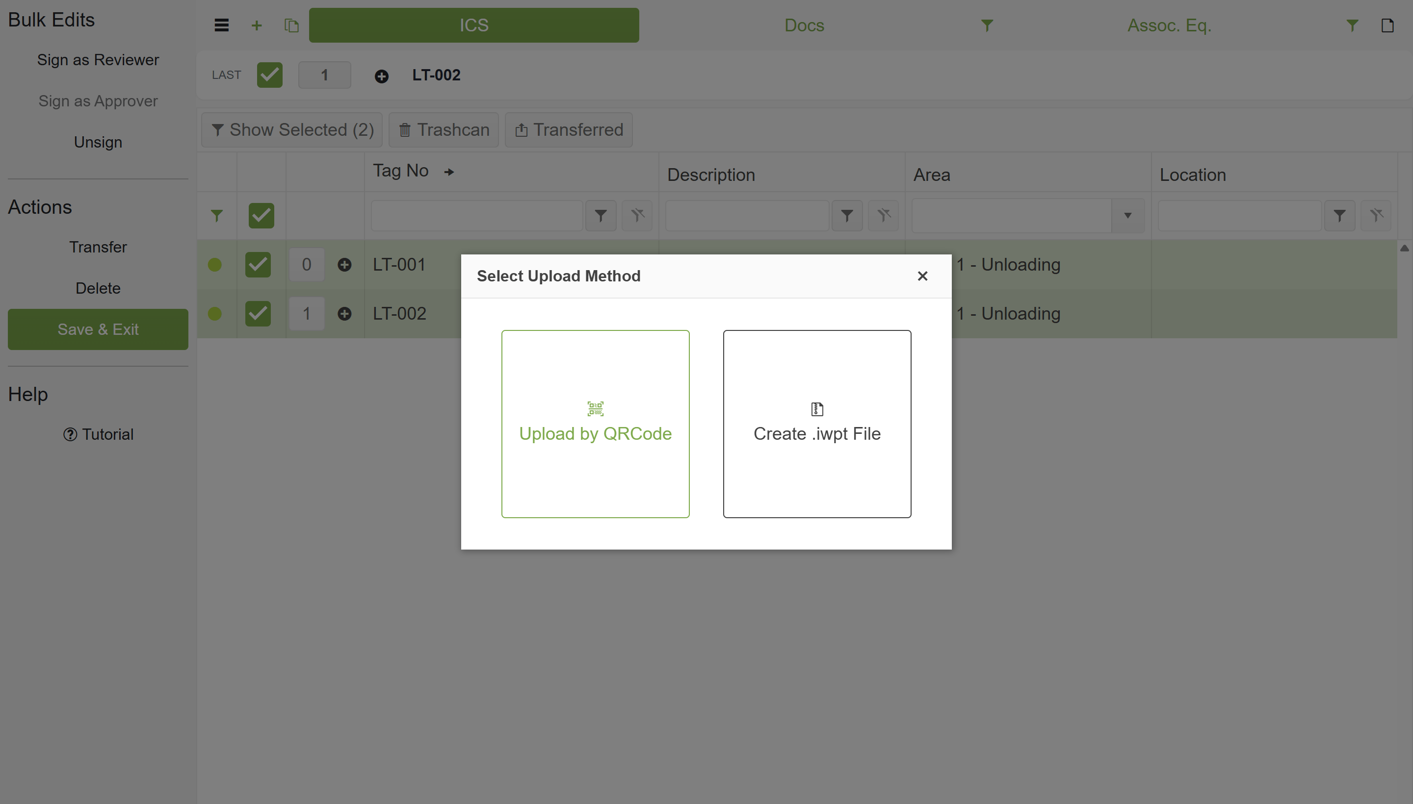 Select Upload Method dialog showing Upload by QR Code and Create .iwt File