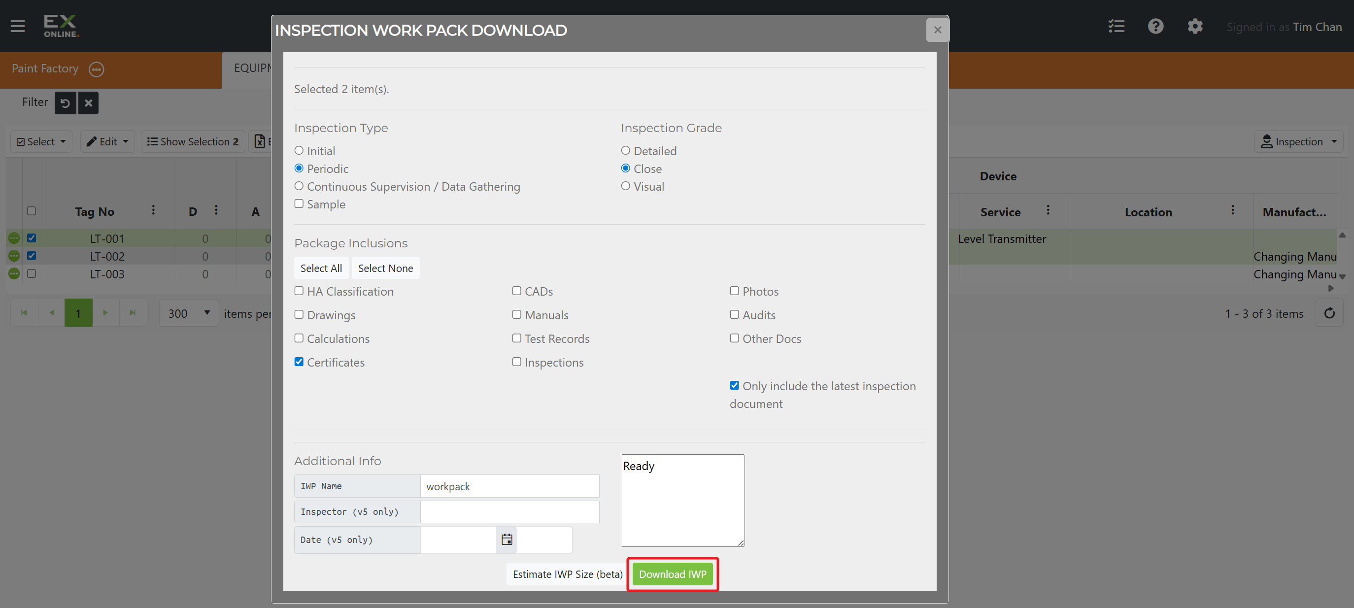 Checksheet Options dialog — Periodic, Close, and Certificates included