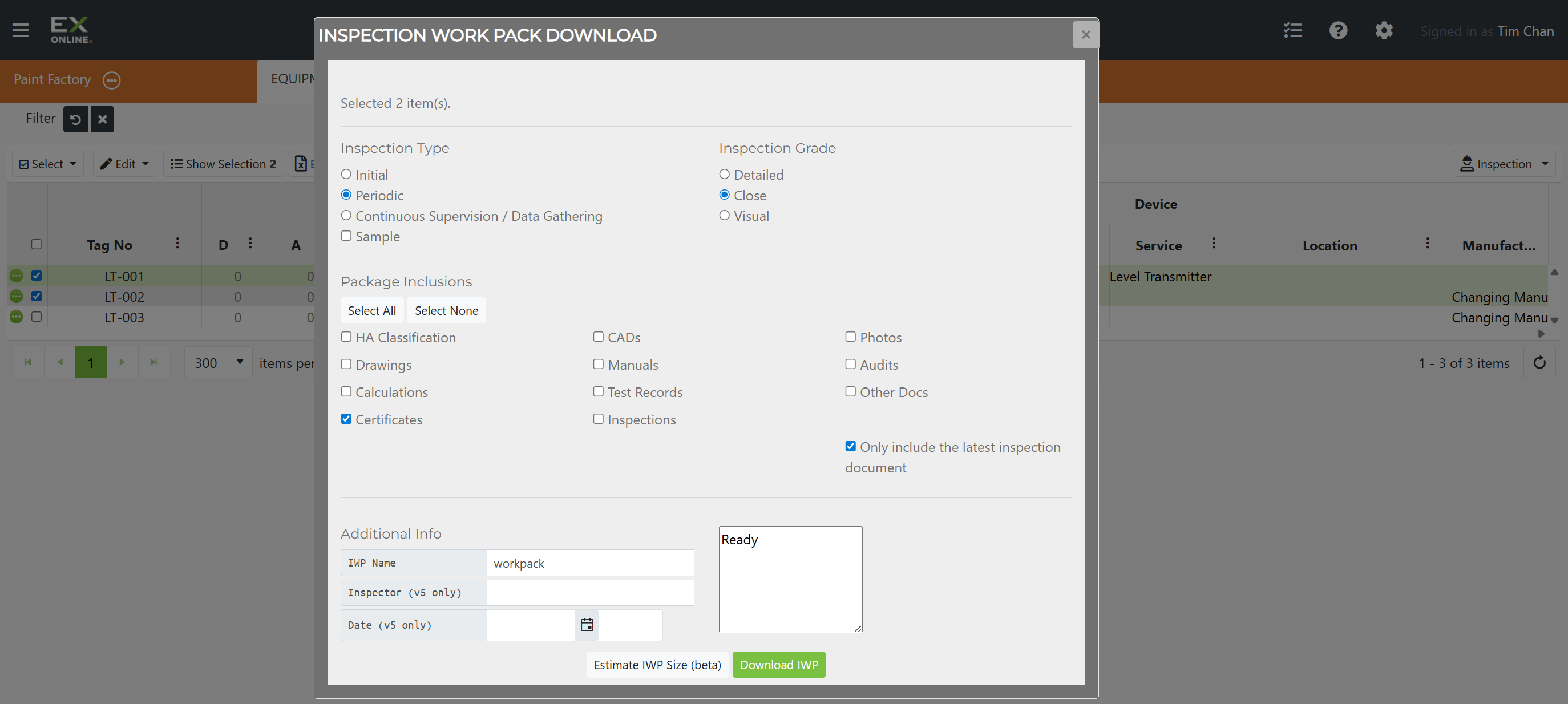 Checksheet Options dialog
