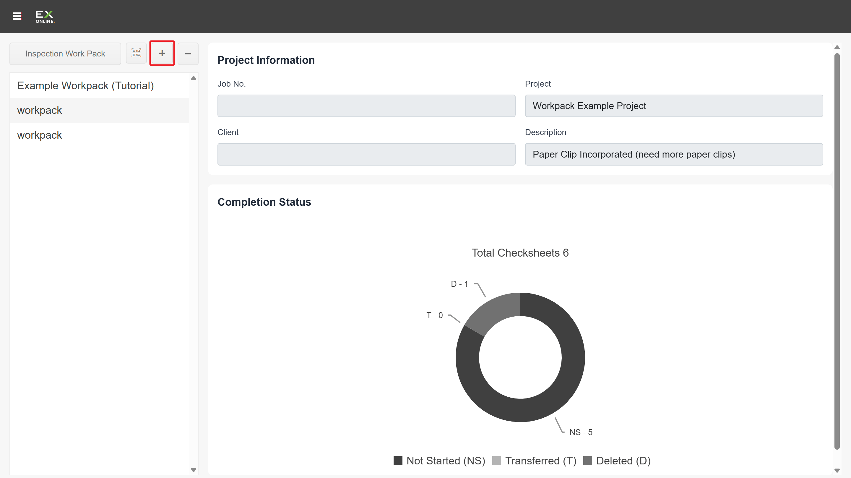 Inspection App main screen — + button highlighted