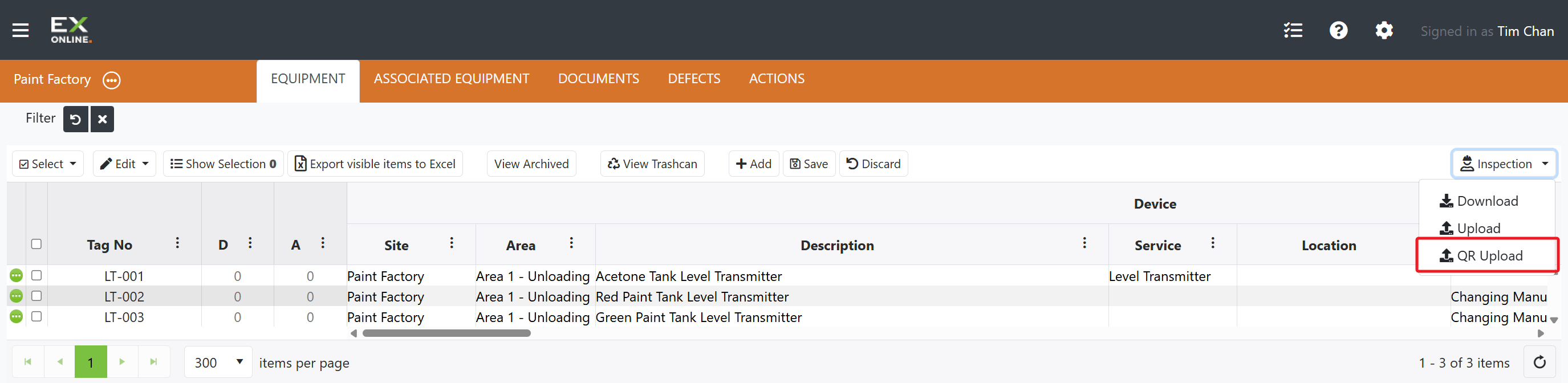 Inspection dropdown with QR Upload highlighted