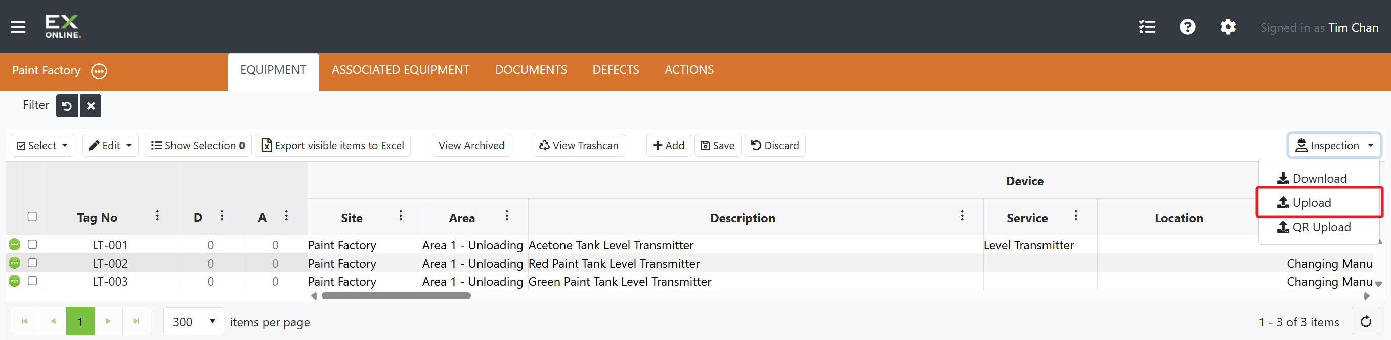 Inspection dropdown with Upload selected