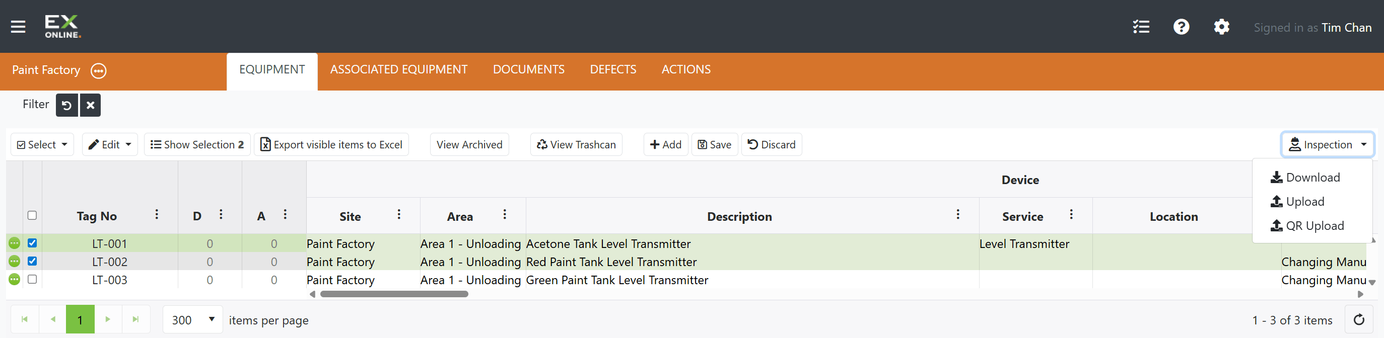 Inspection dropdown showing Download, Upload, QR Upload