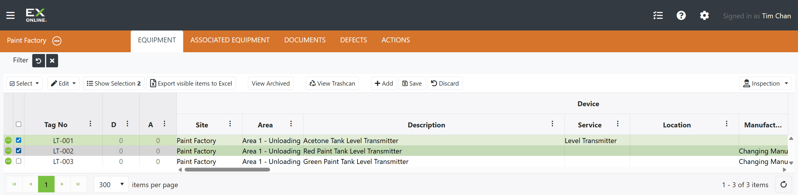 Equipment items selected — toolbar shows Show Selection with the count