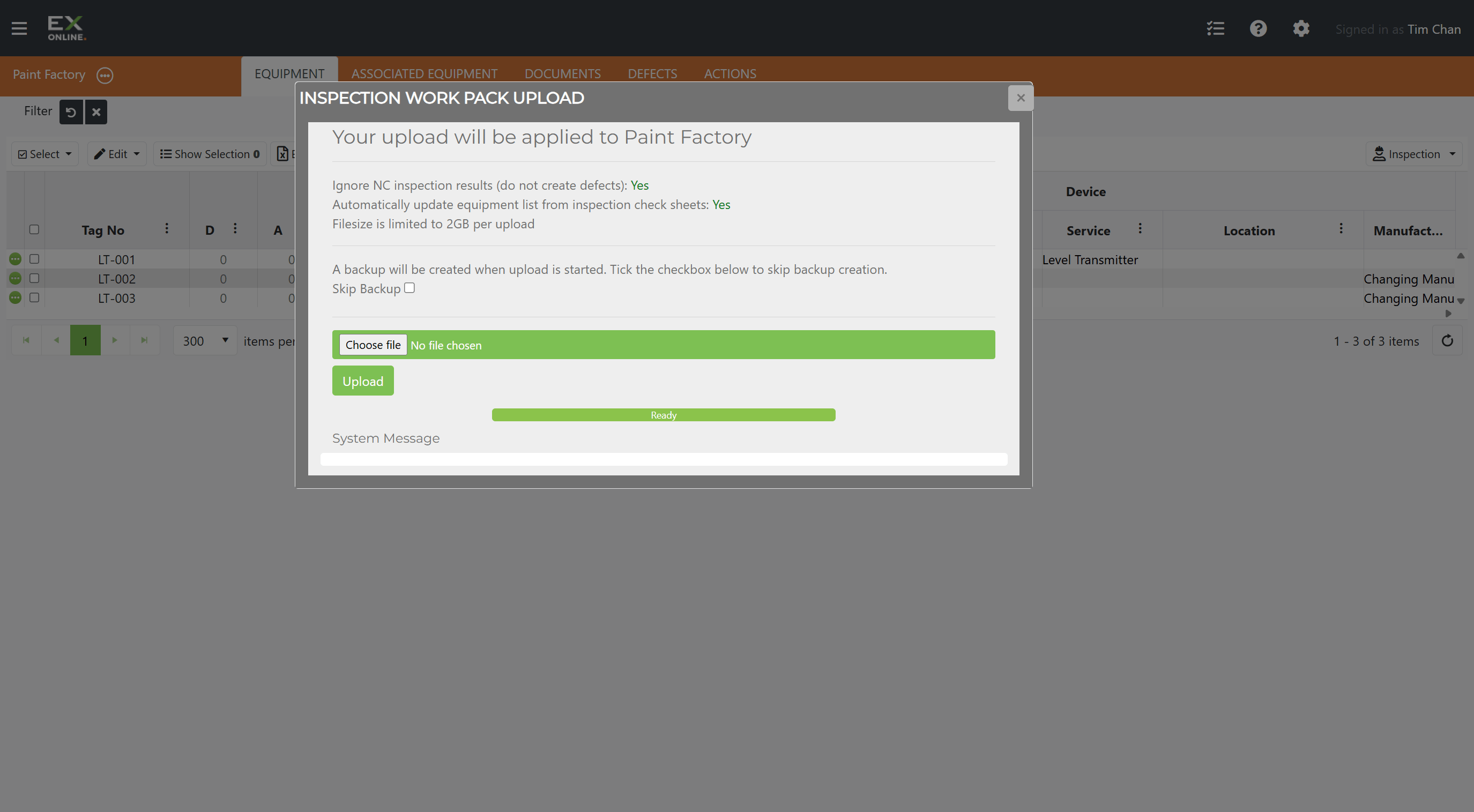 Inspection Work Pack Upload dialog — no file selected