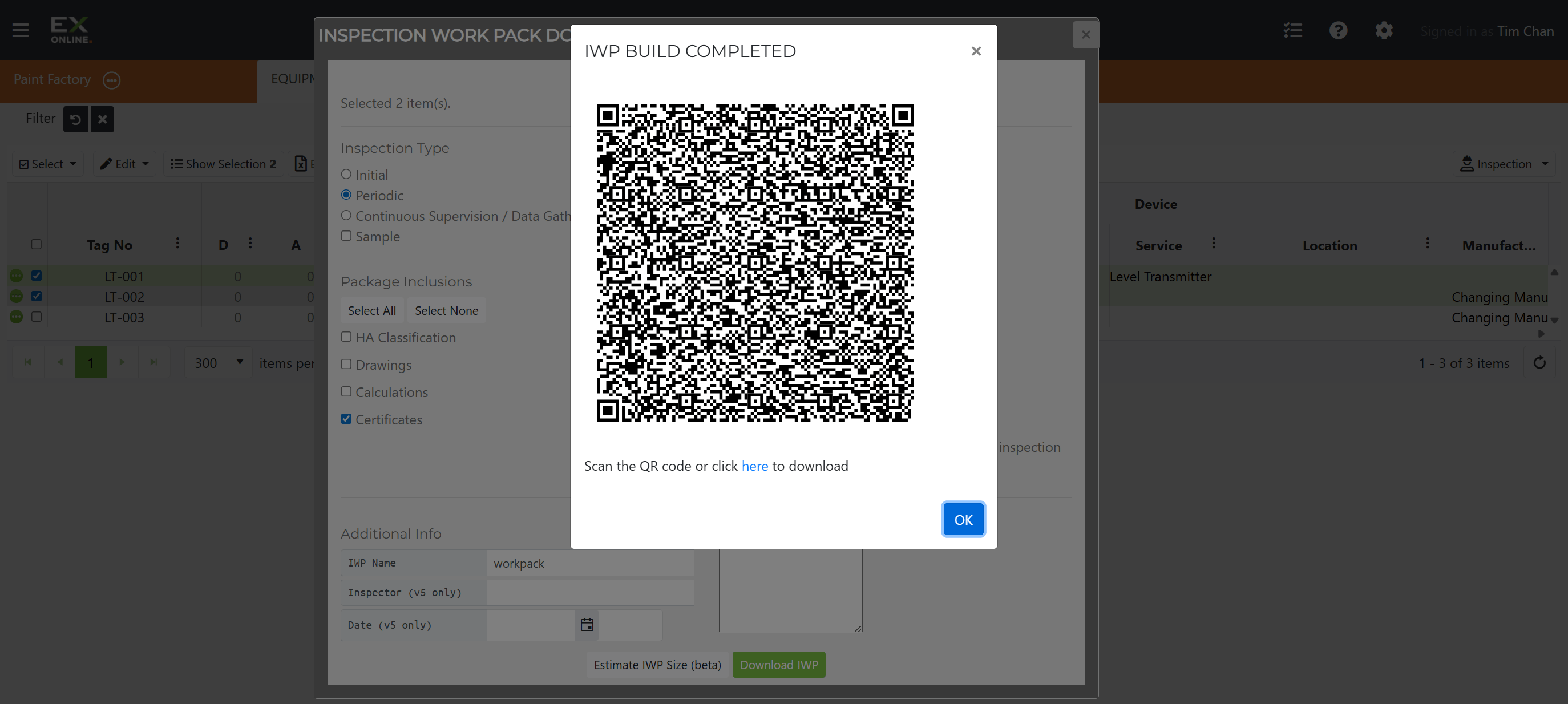 IWP Build Completed dialog with QR code and download link