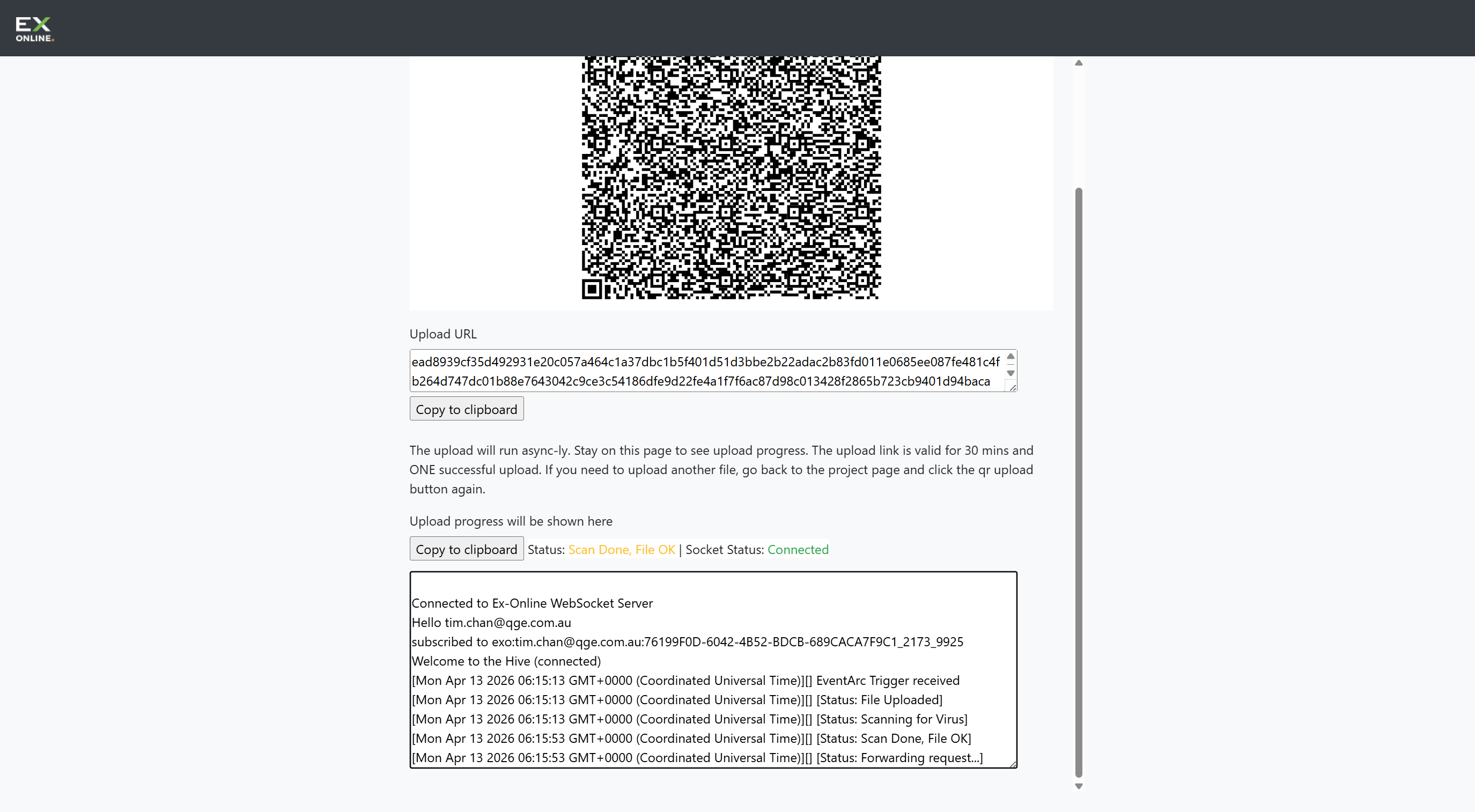 QR Upload page showing upload complete status
