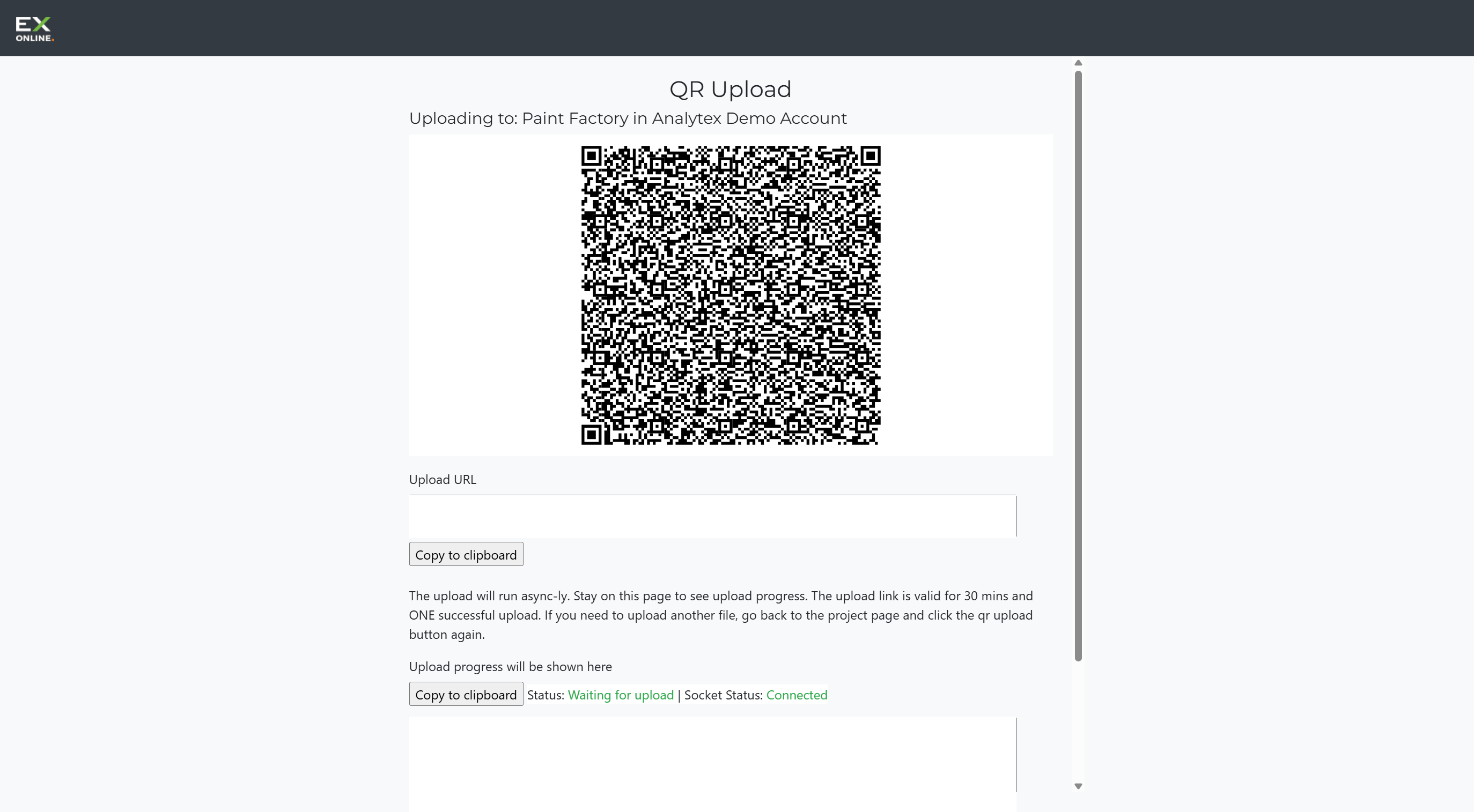QR Upload page with QR code and upload URL