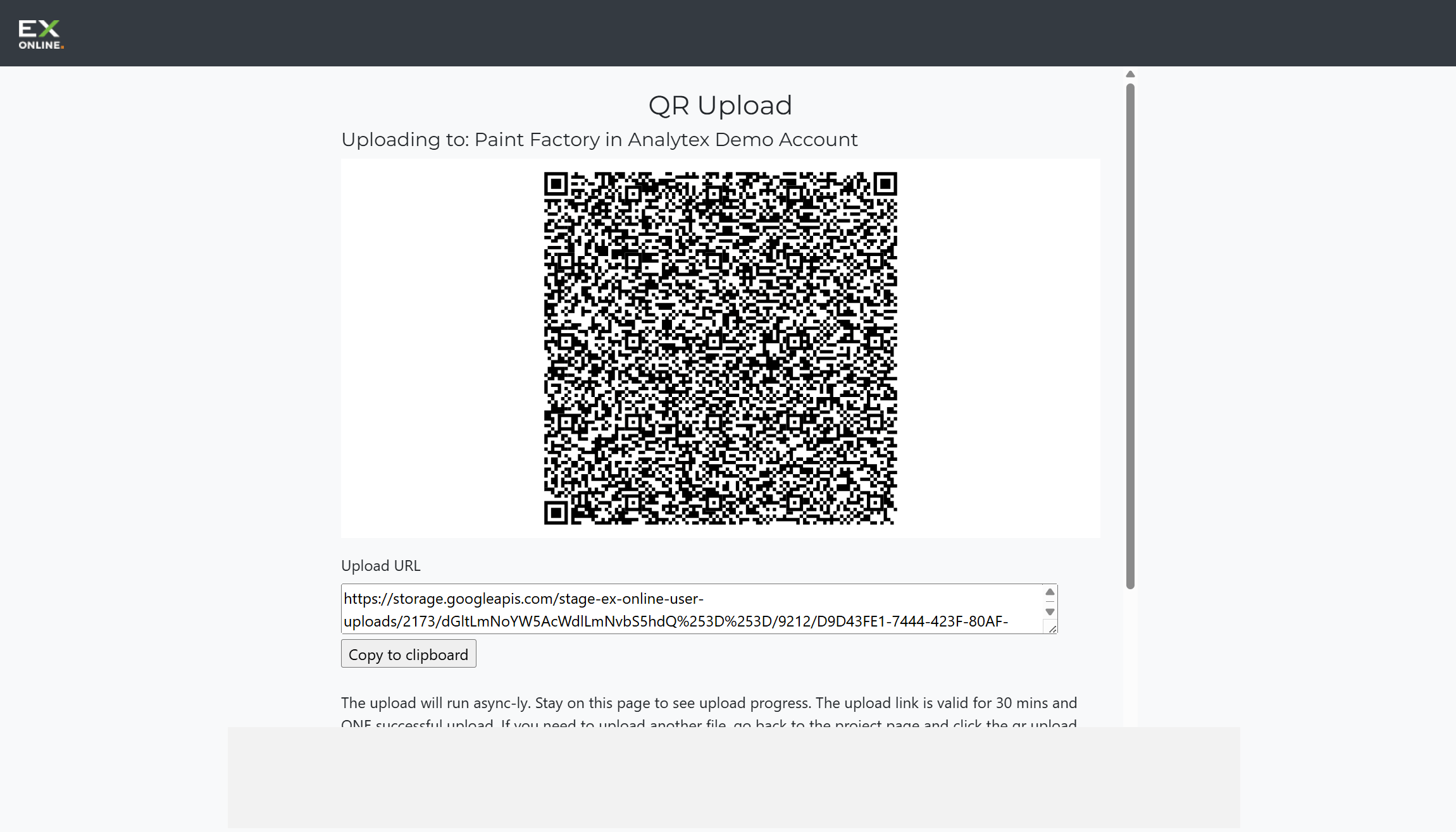QR Upload page in Tag Browser showing a QR code and upload URL