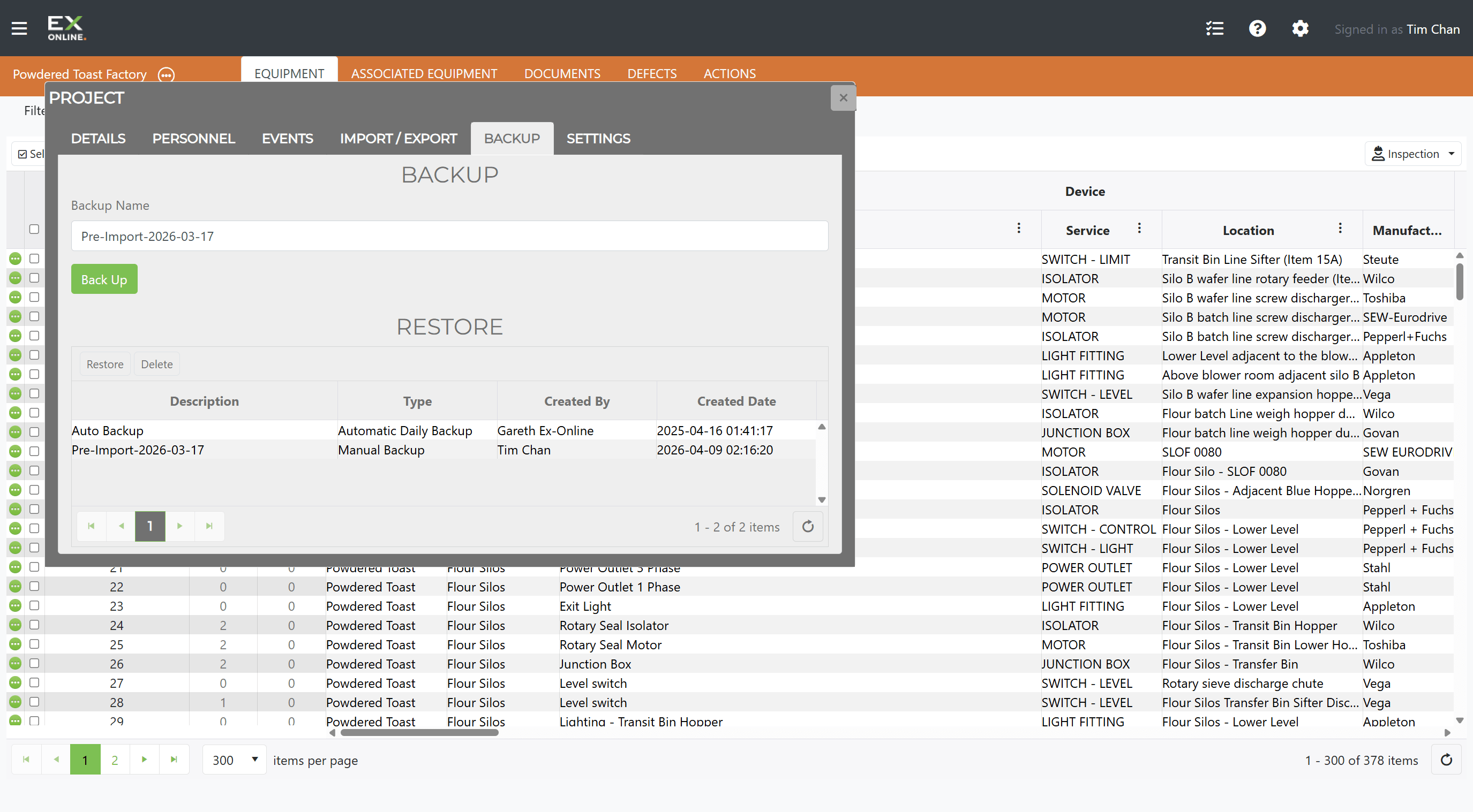 Backup created and visible in the restore list