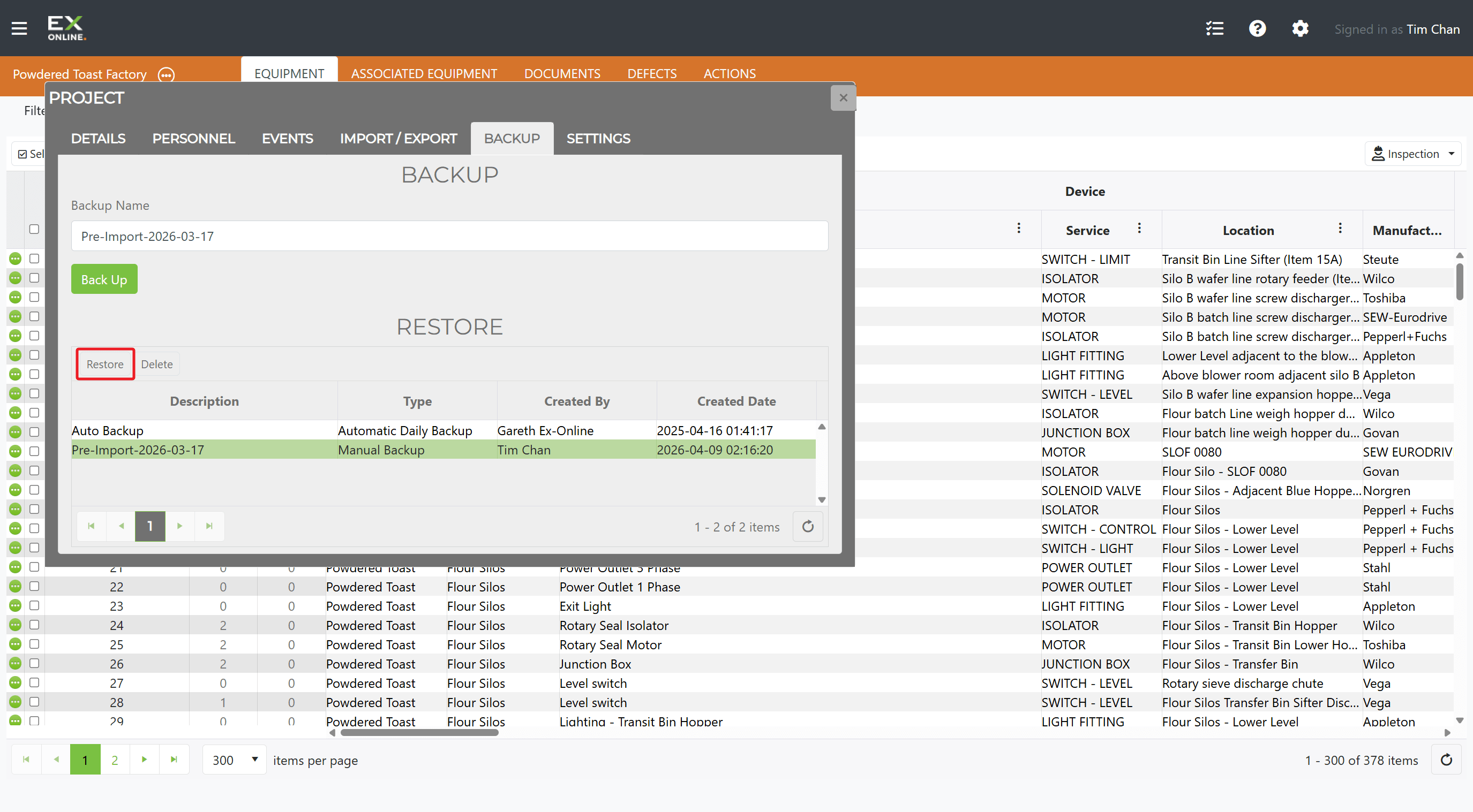 Select a backup and click Restore