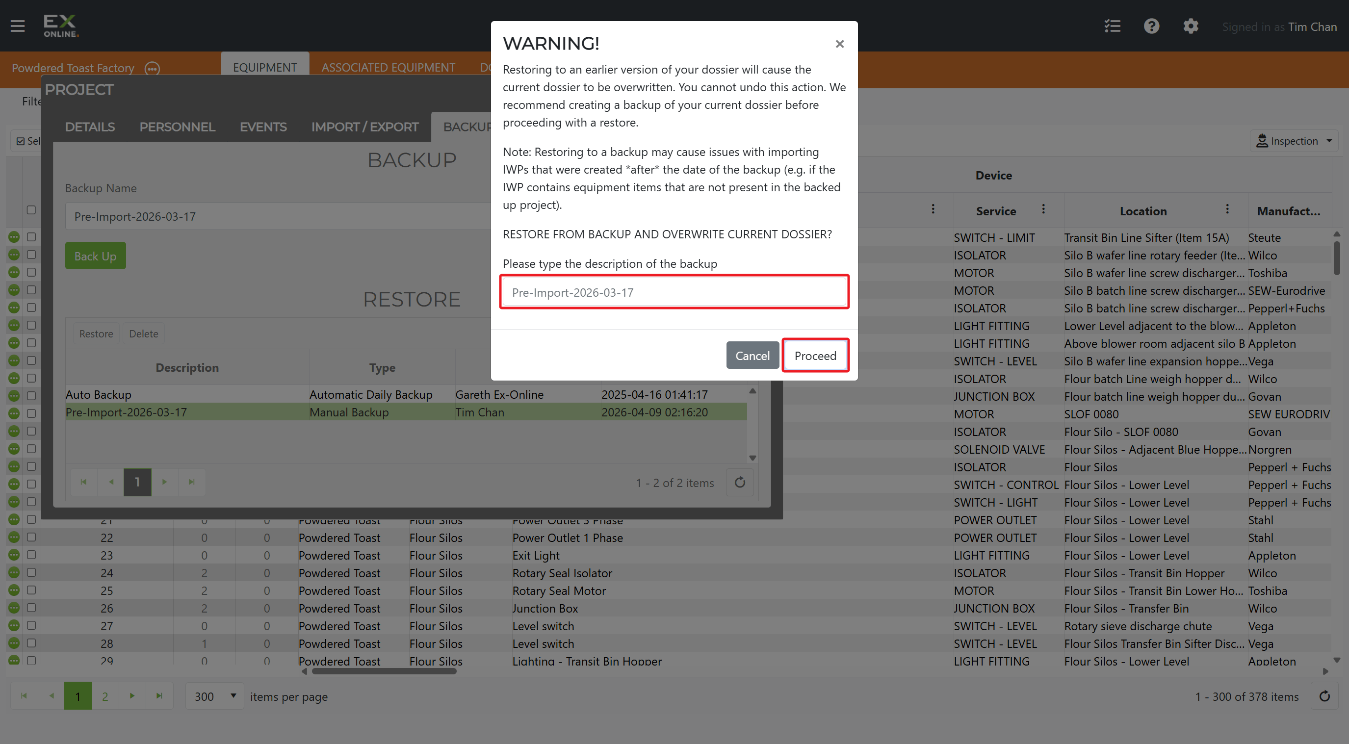 Type the backup name and click Proceed to confirm the restore