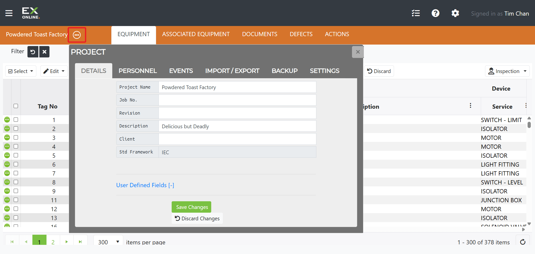 Project Options button on the orange header bar