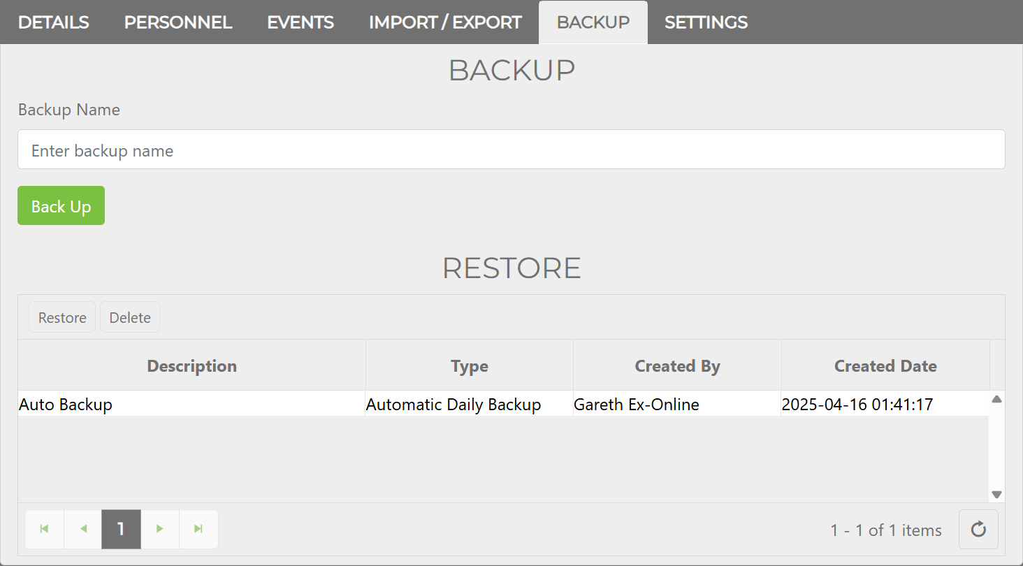 Project Window — Backup tab